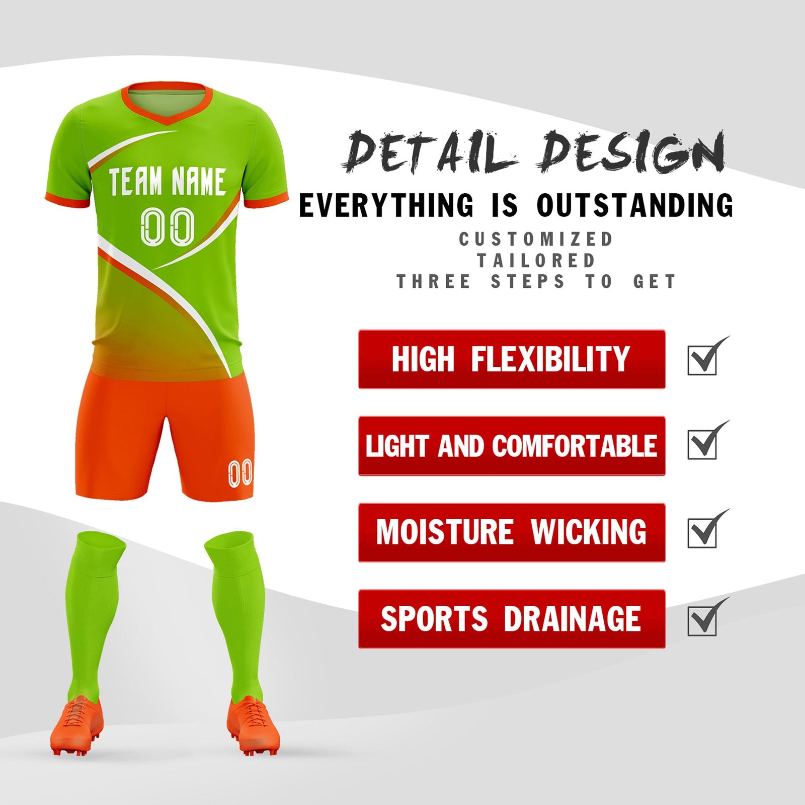 Custom Neon Green Orange Color Block Training Uniform For Men Soccer Sets Jersey