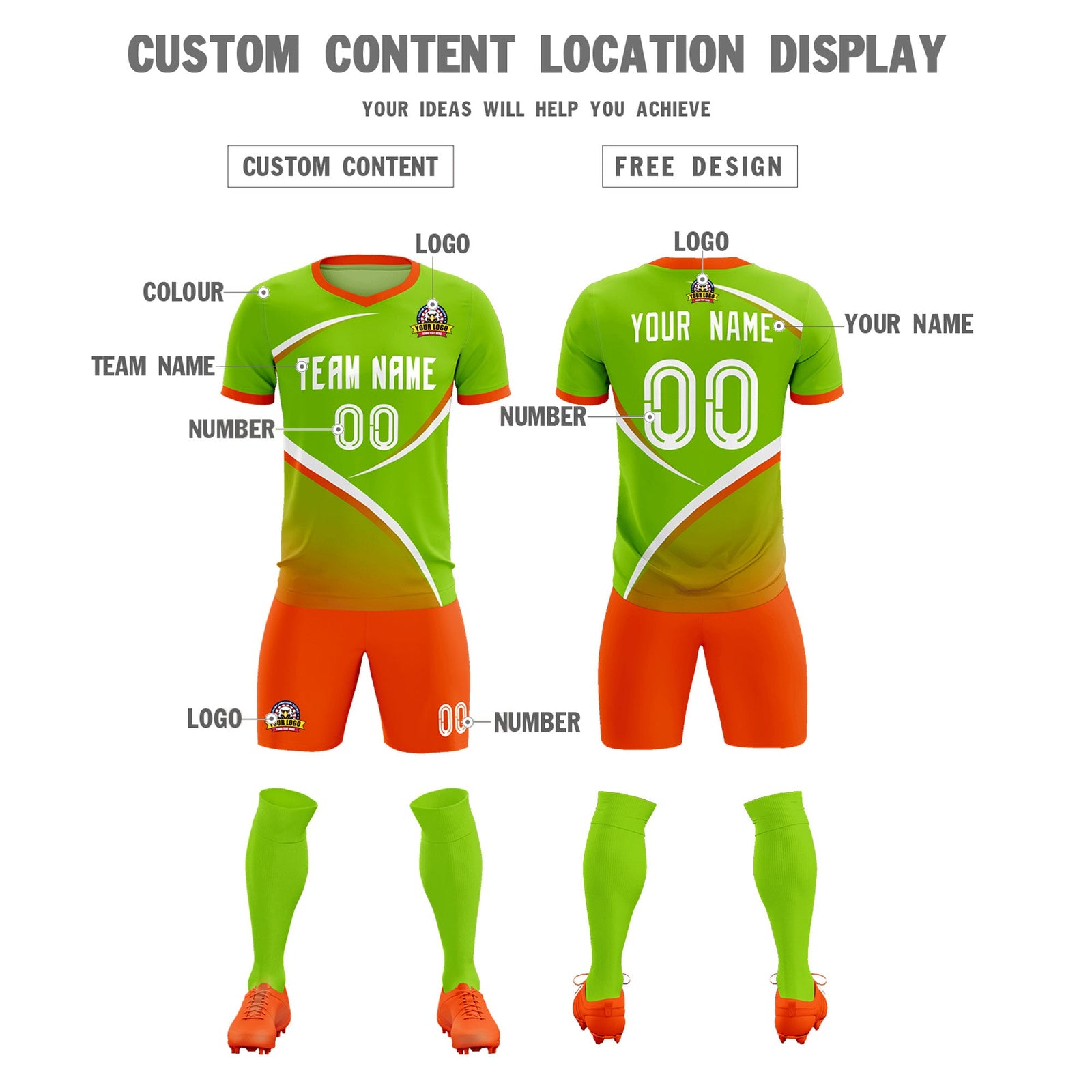 Custom Neon Green Orange Color Block Training Uniform For Men Soccer Sets Jersey