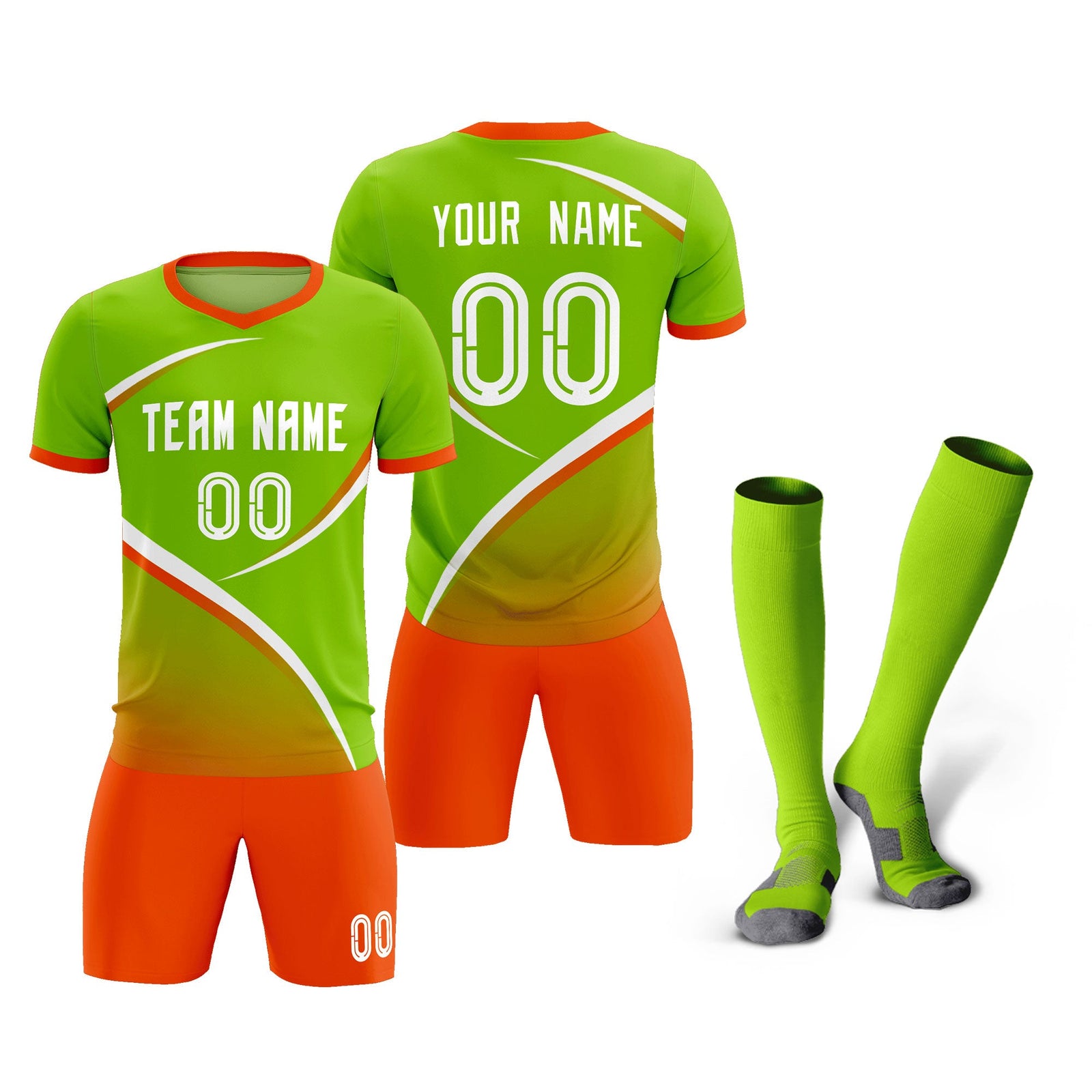 Custom Neon Green Orange Color Block Training Uniform For Men Soccer Sets Jersey
