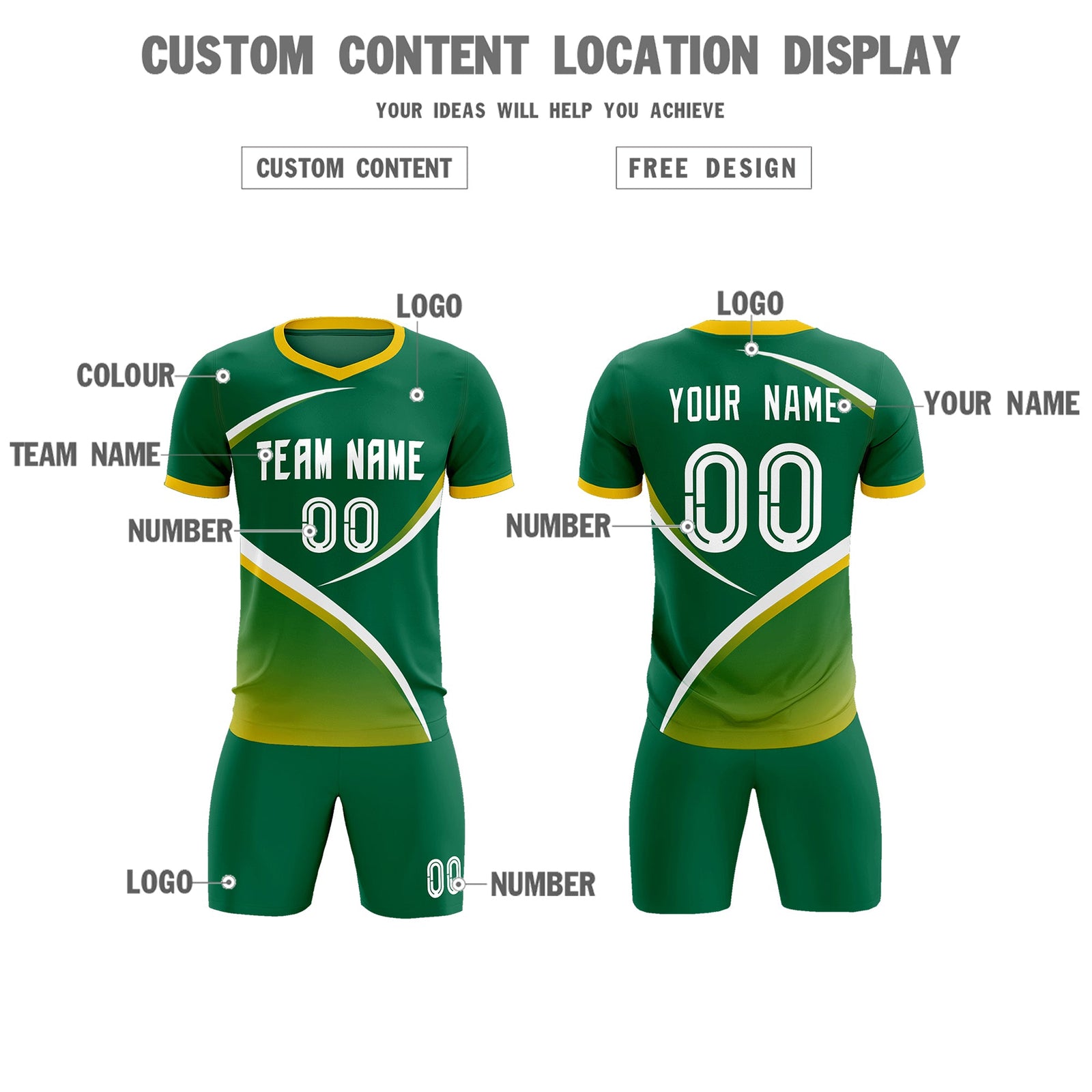 Custom Kelly Green Gold Color Block Training Uniform For Men Soccer Sets Jersey