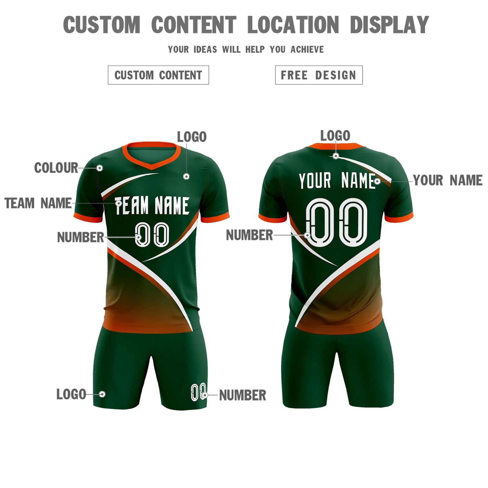 Custom Green Orange Color Block Training Uniform For Men Soccer Sets Jersey