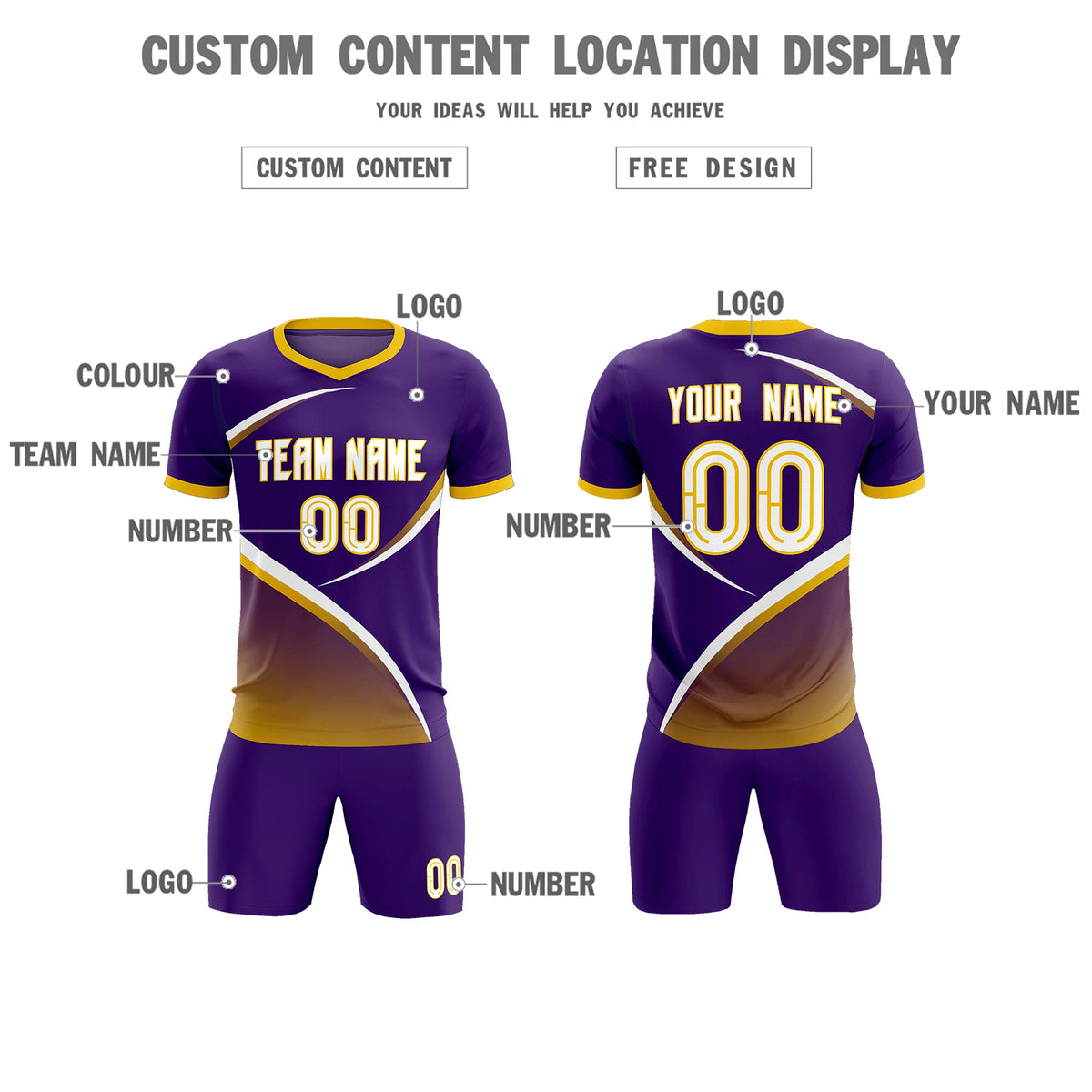 Custom Purple Gold Color Block Training Uniform For Men Soccer Sets Jersey