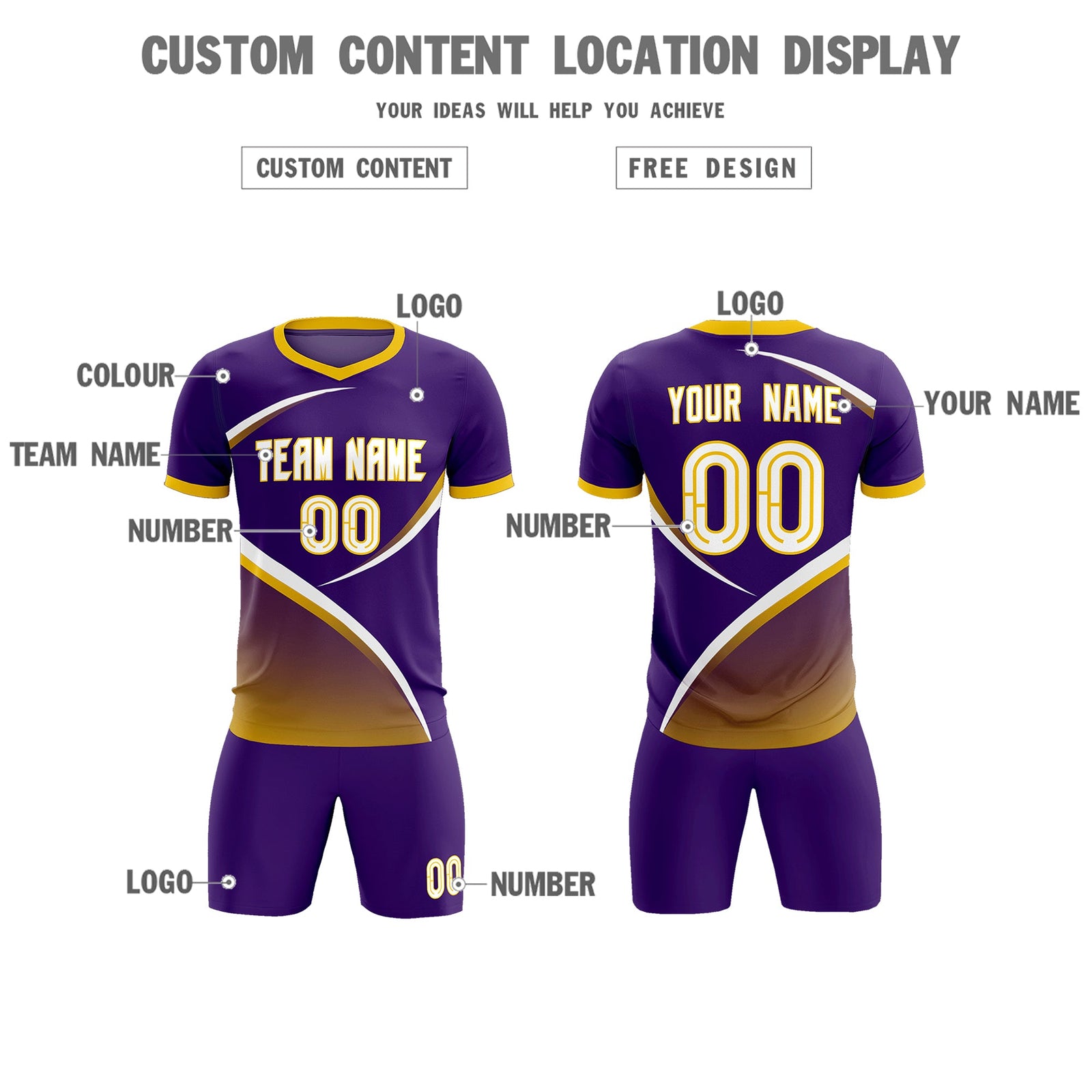 Custom Purple Gold Color Block Training Uniform For Men Soccer Sets Jersey