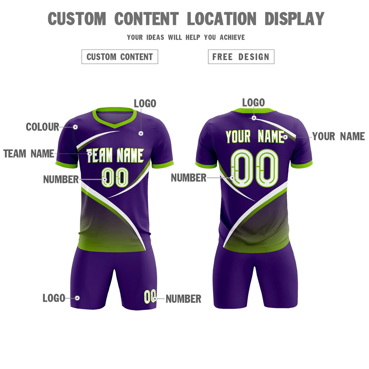 Custom Purple Neon Green Color Block Training Uniform For Men Soccer Sets Jersey