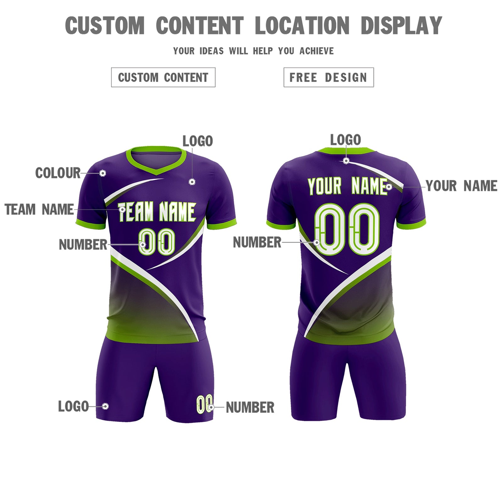 Custom Purple Neon Green Color Block Training Uniform For Men Soccer Sets Jersey