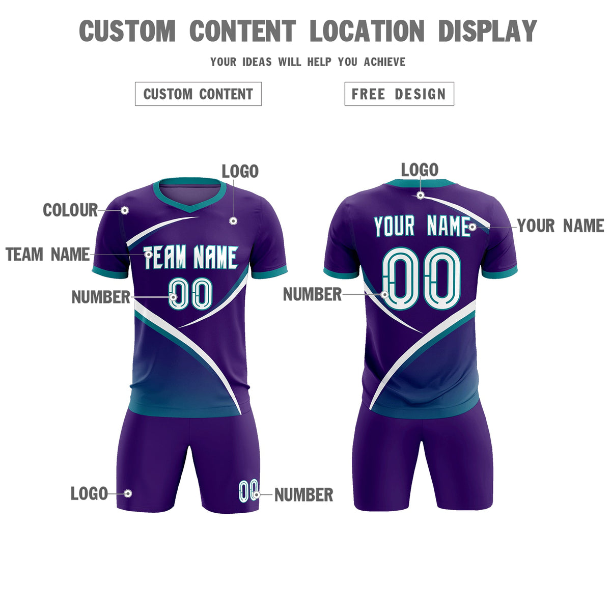 Custom Purple Aqua Color Block Training Uniform For Men Soccer Sets Jersey