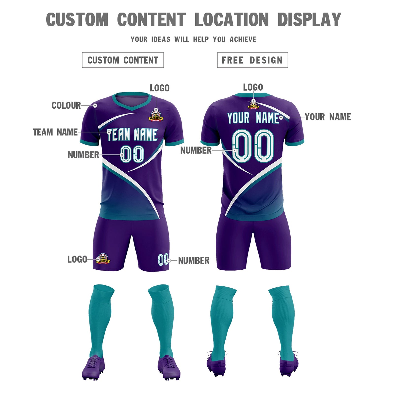 Custom Purple Aqua Color Block Training Uniform For Men Soccer Sets Jersey