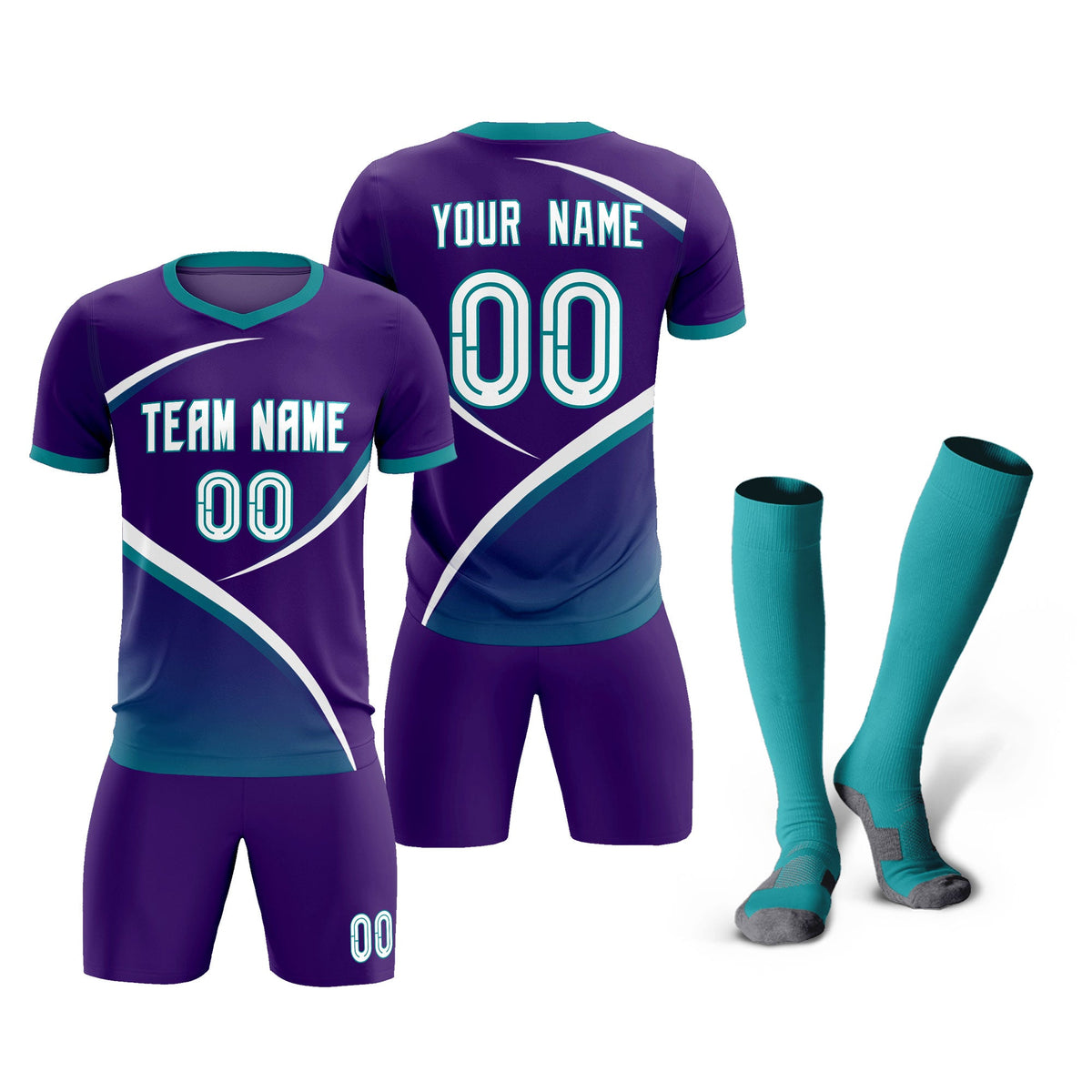 Custom Purple Aqua Color Block Training Uniform For Men Soccer Sets Jersey