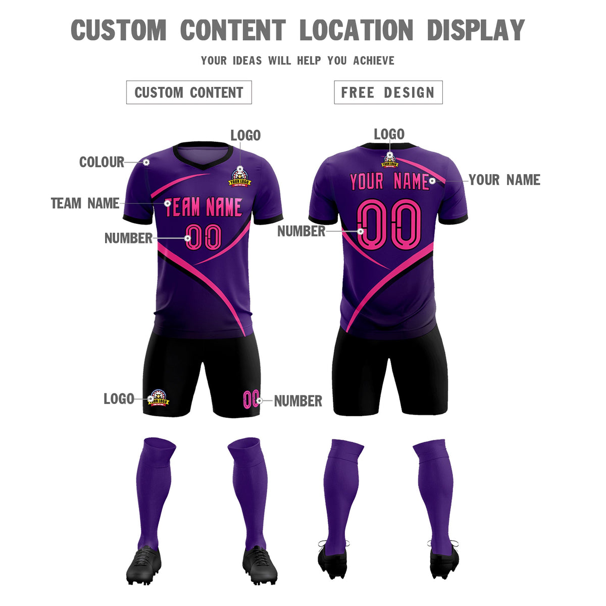 Custom Purple Black Color Block Training Uniform For Men Soccer Sets Jersey