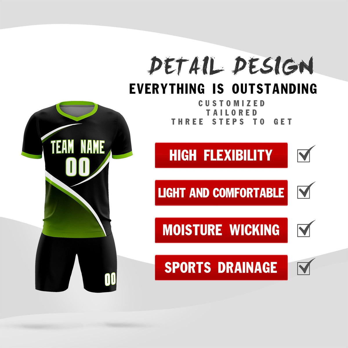 Custom Black Neon Green Color Block Training Uniform For Men Soccer Sets Jersey