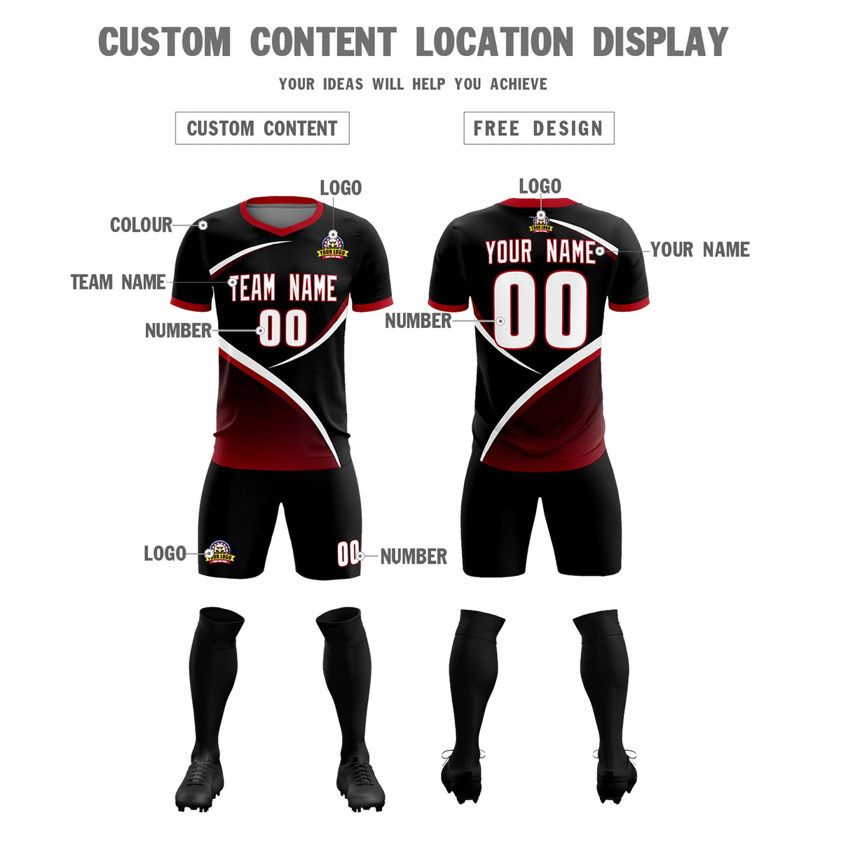 Custom Black Red Color Block Training Uniform For Men Soccer Sets Jersey