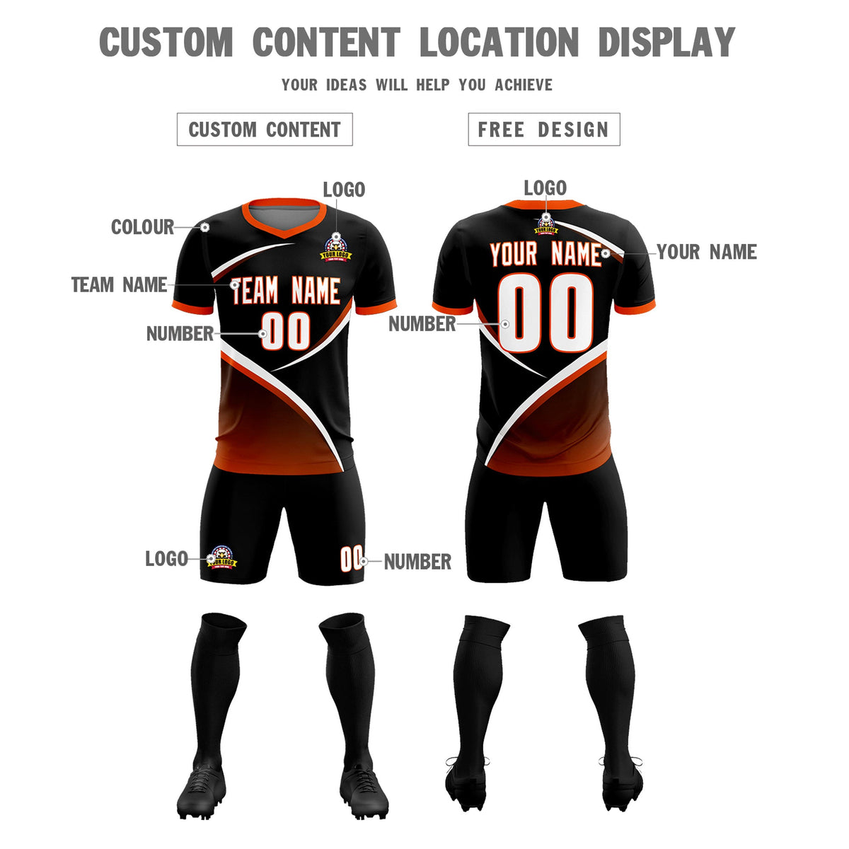 Custom Black Orange Color Block Training Uniform For Men Soccer Sets Jersey
