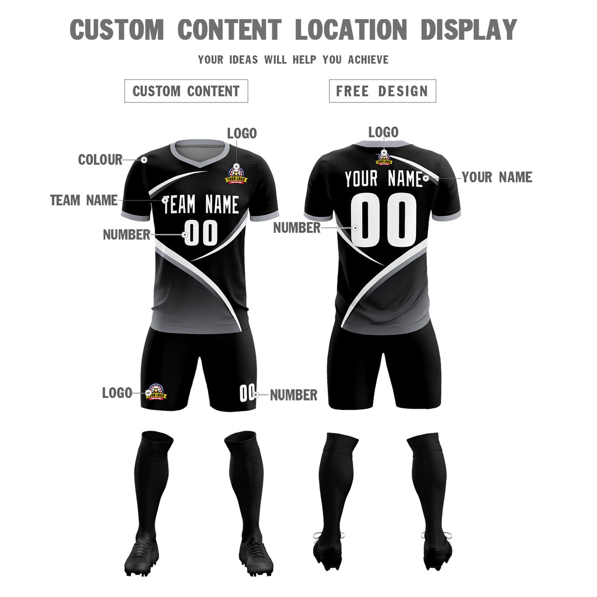 Custom Black Gray Color Block Training Uniform For Men Soccer Sets Jersey