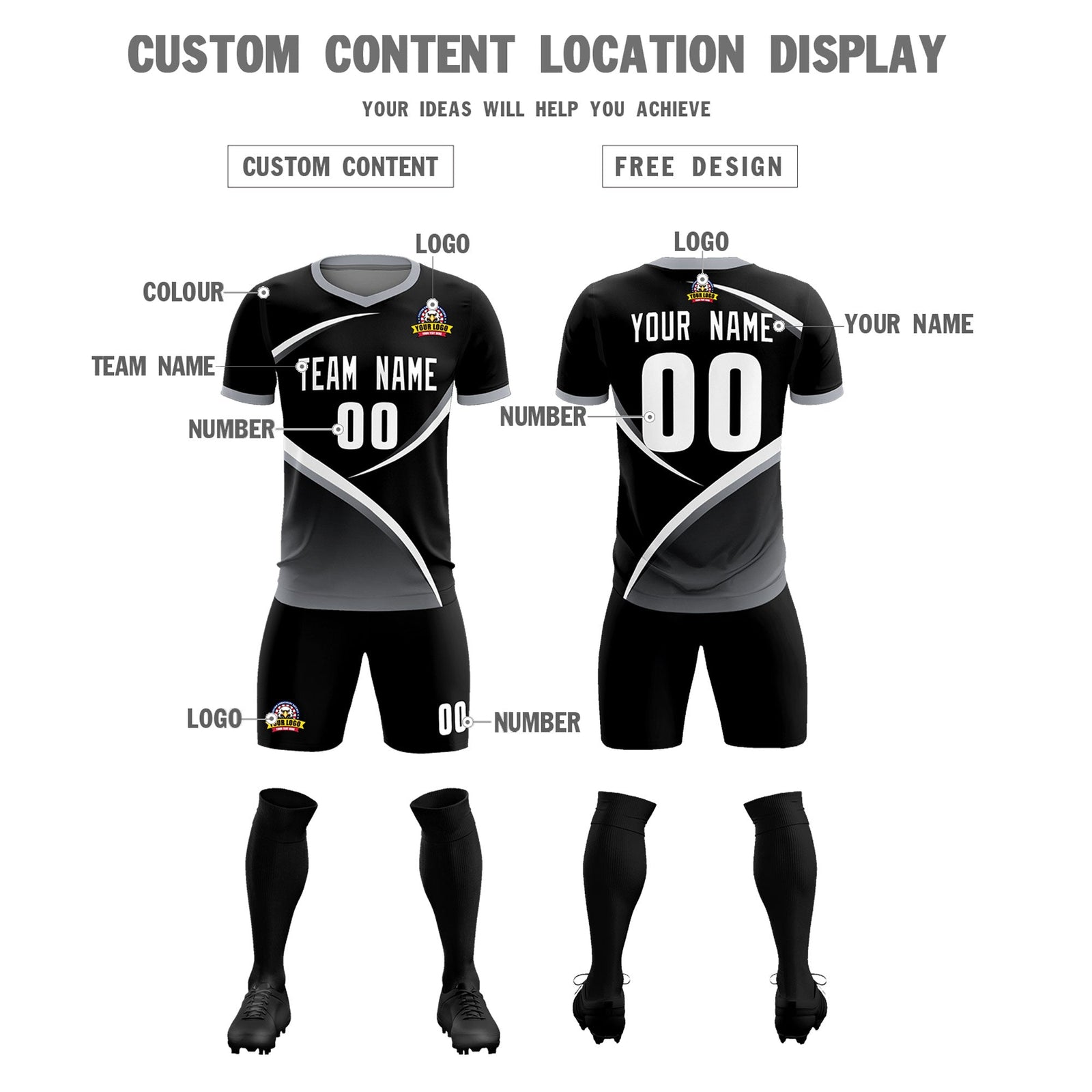 Custom Black Gray Color Block Training Uniform For Men Soccer Sets Jersey
