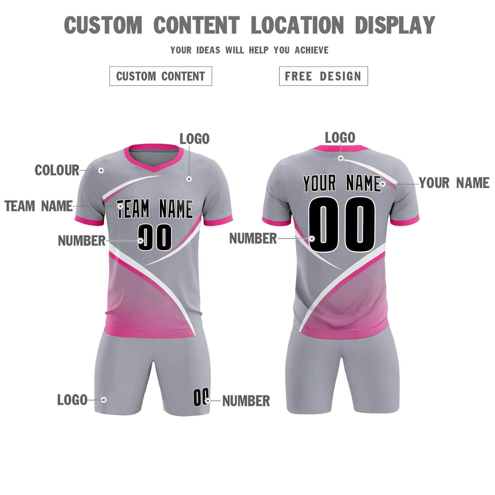 Custom Gray Pink Color Block Training Uniform For Men Soccer Sets Jersey