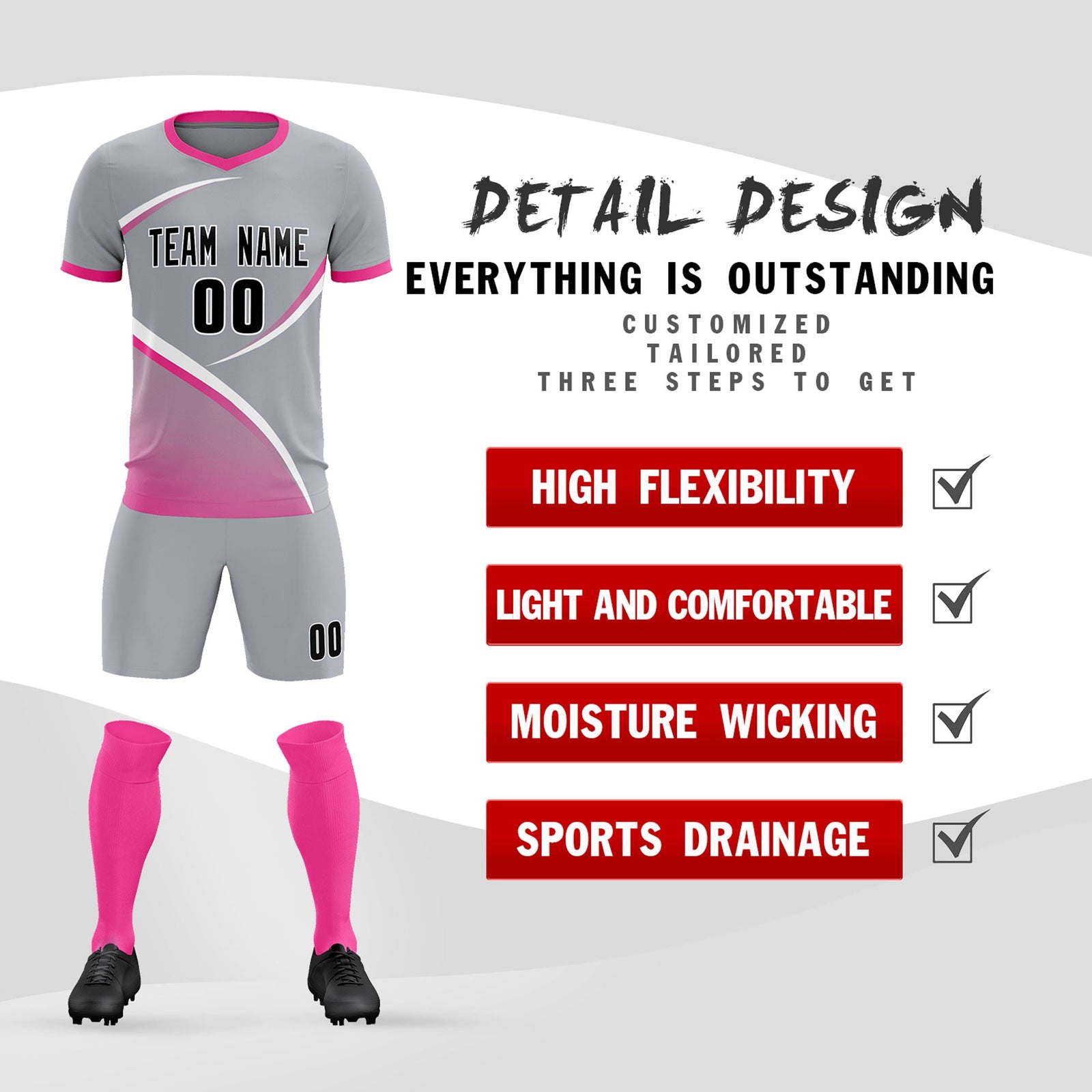 Custom Gray Pink Color Block Training Uniform For Men Soccer Sets Jersey