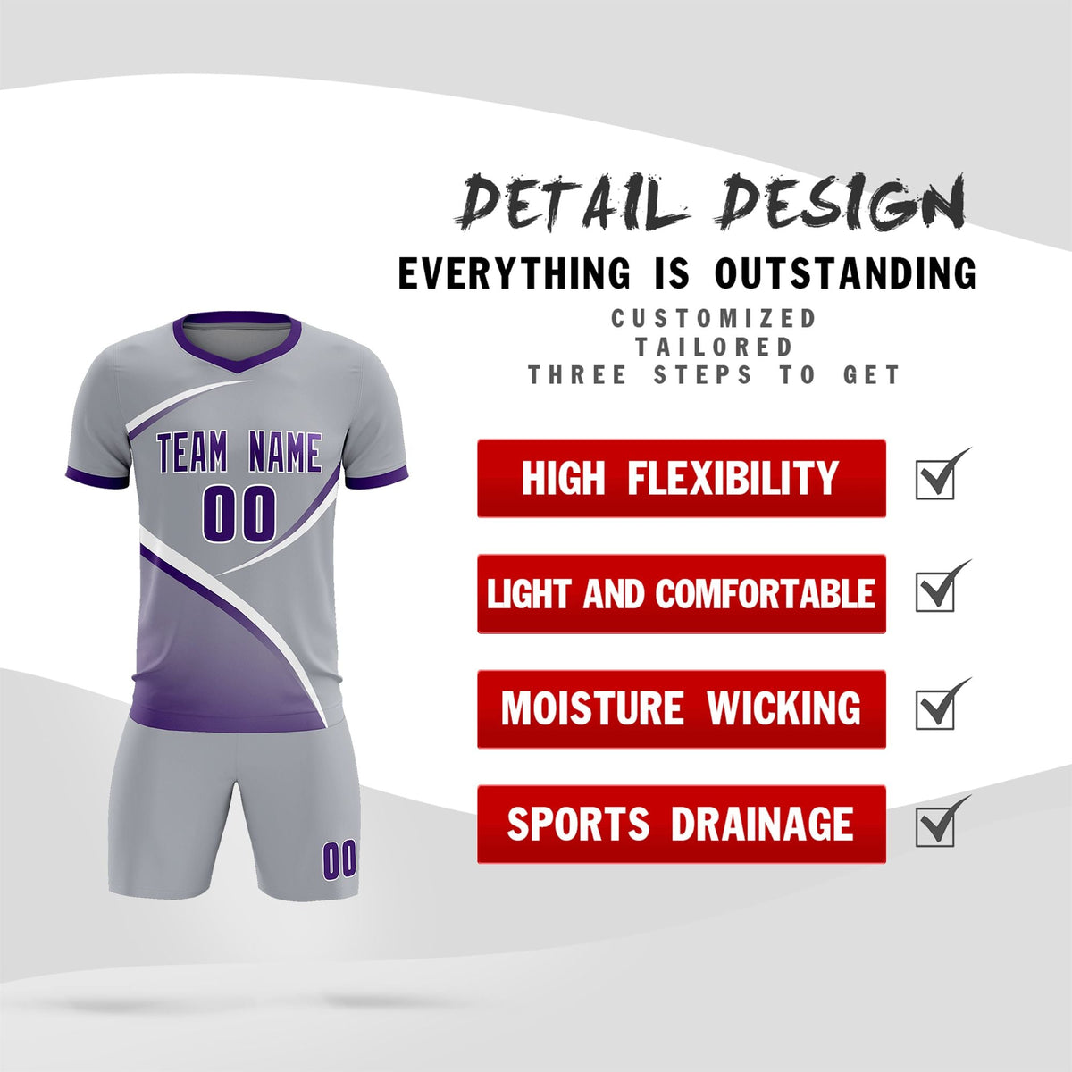 Custom Gray Purple Color Block Training Uniform For Men Soccer Sets Jersey