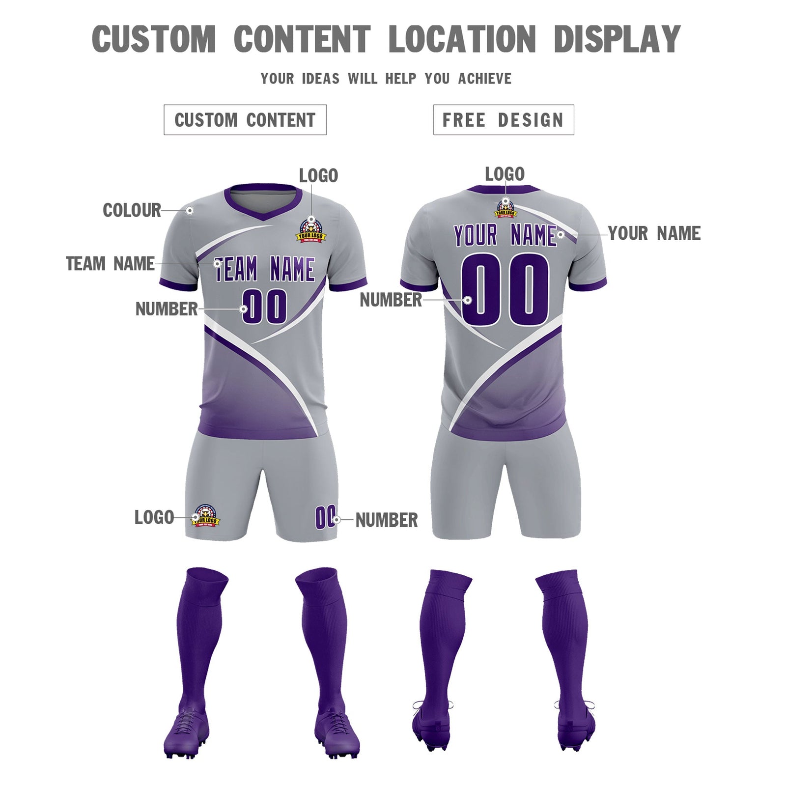 Custom Gray Purple Color Block Training Uniform For Men Soccer Sets Jersey