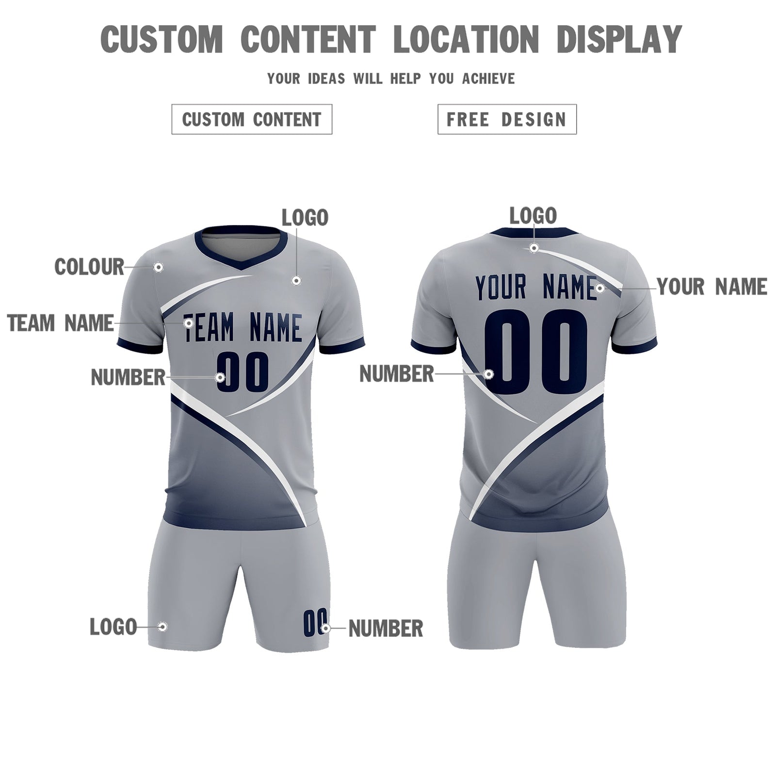 Custom Gray Navy Color Block Training Uniform For Men Soccer Sets Jersey