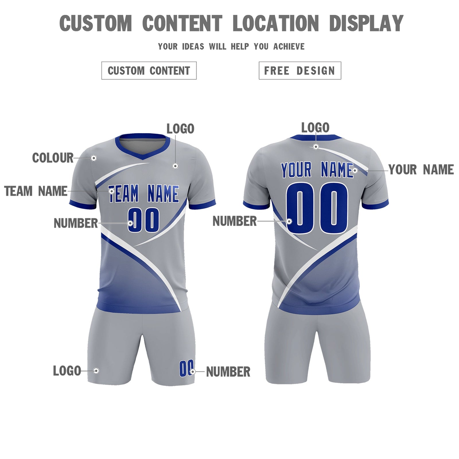 Custom Gray Royal Color Block Training Uniform For Men Soccer Sets Jersey