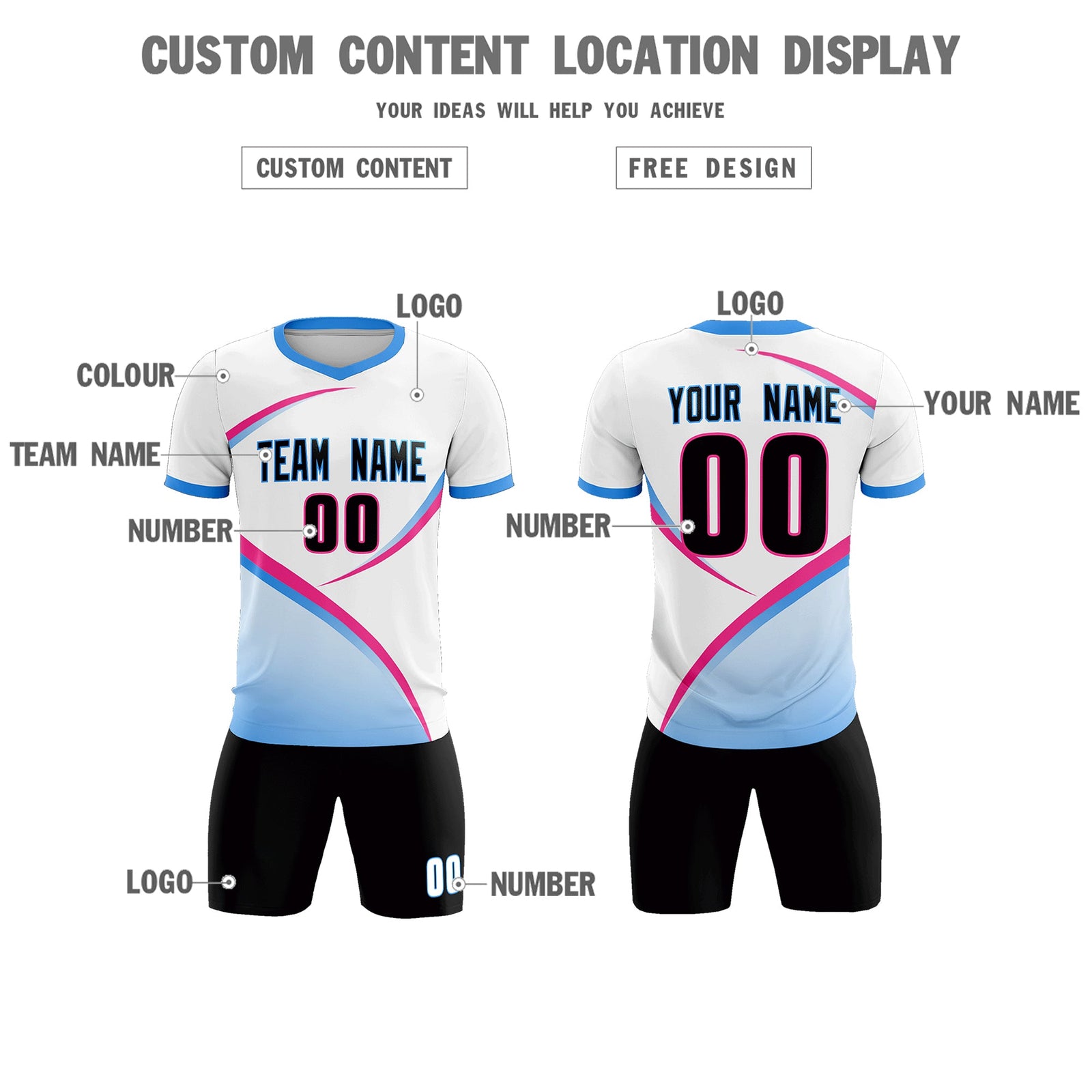 Custom White Powder Blue Color Block Training Uniform For Men Soccer Sets Jersey
