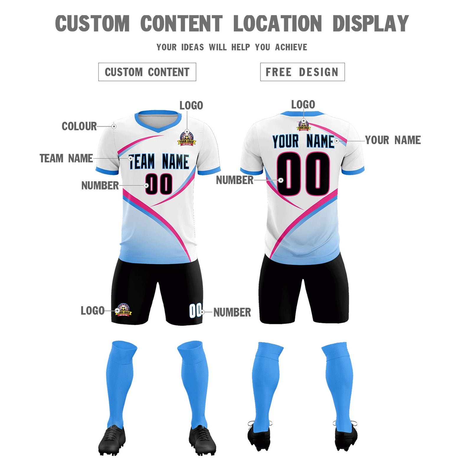 Custom White Powder Blue Color Block Training Uniform For Men Soccer Sets Jersey