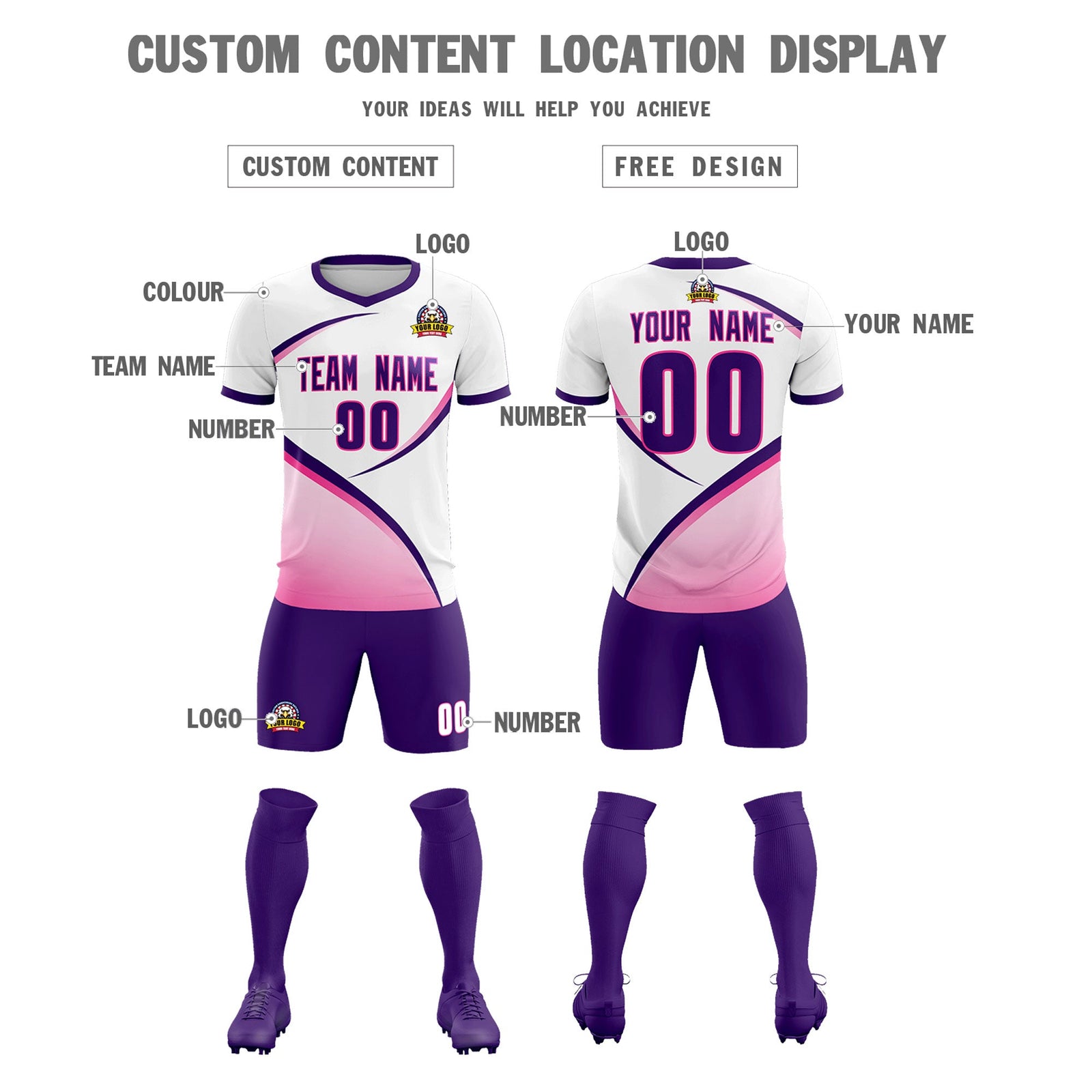 Custom White Purple Color Block Training Uniform For Men Soccer Sets Jersey