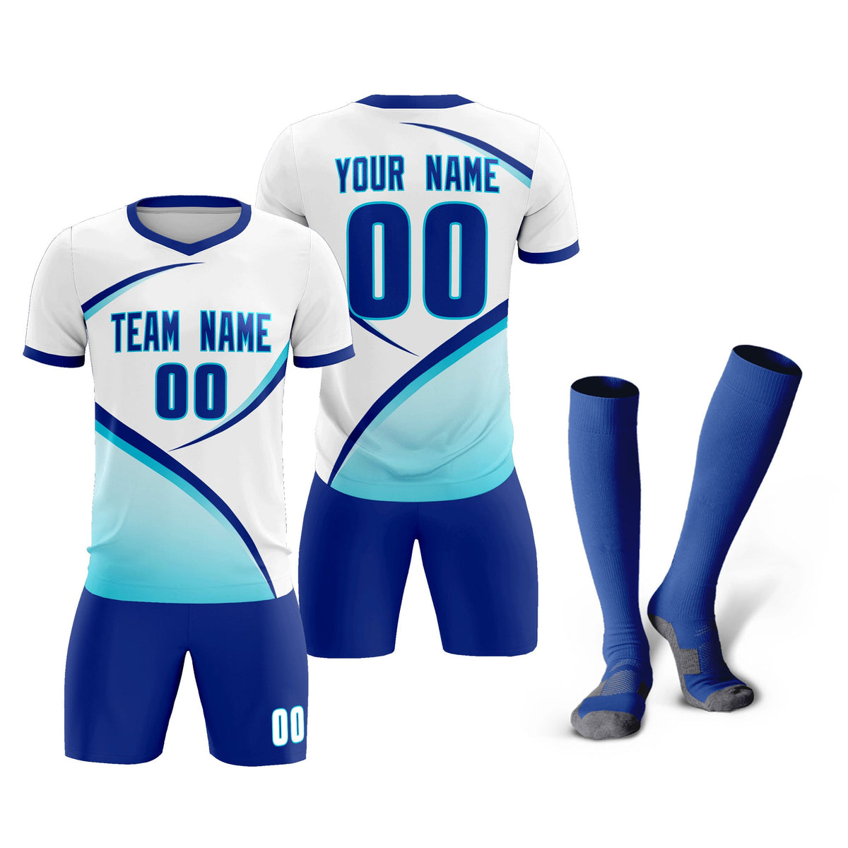 Custom White Sky Blue Color Block Training Uniform For Men Soccer Sets Jersey