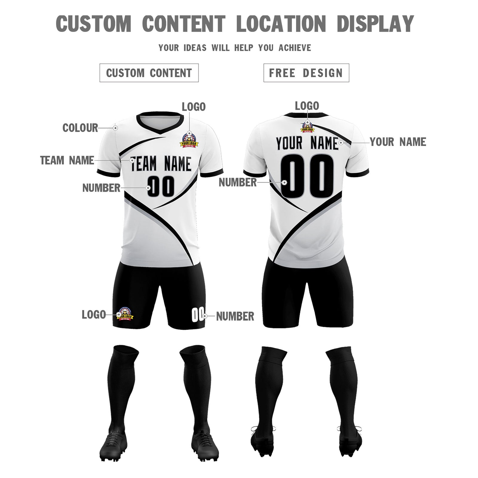 Custom White Black Color Block Training Uniform For Men Soccer Sets Jersey