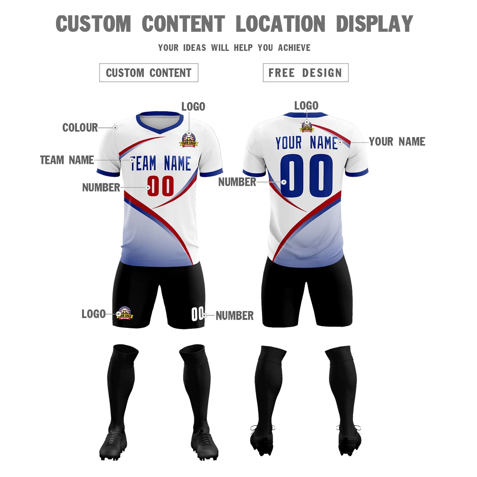 Custom White Royal Color Block Training Uniform For Men Soccer Sets Jersey