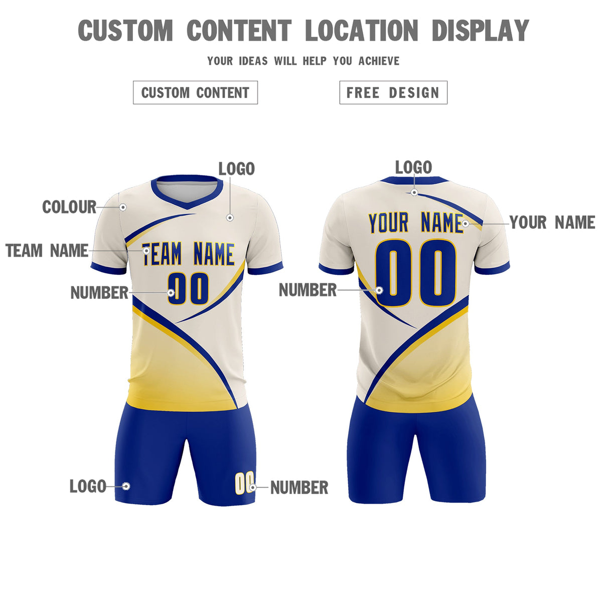 Custom Cream Royal Color Block Training Uniform For Men Soccer Sets Jersey