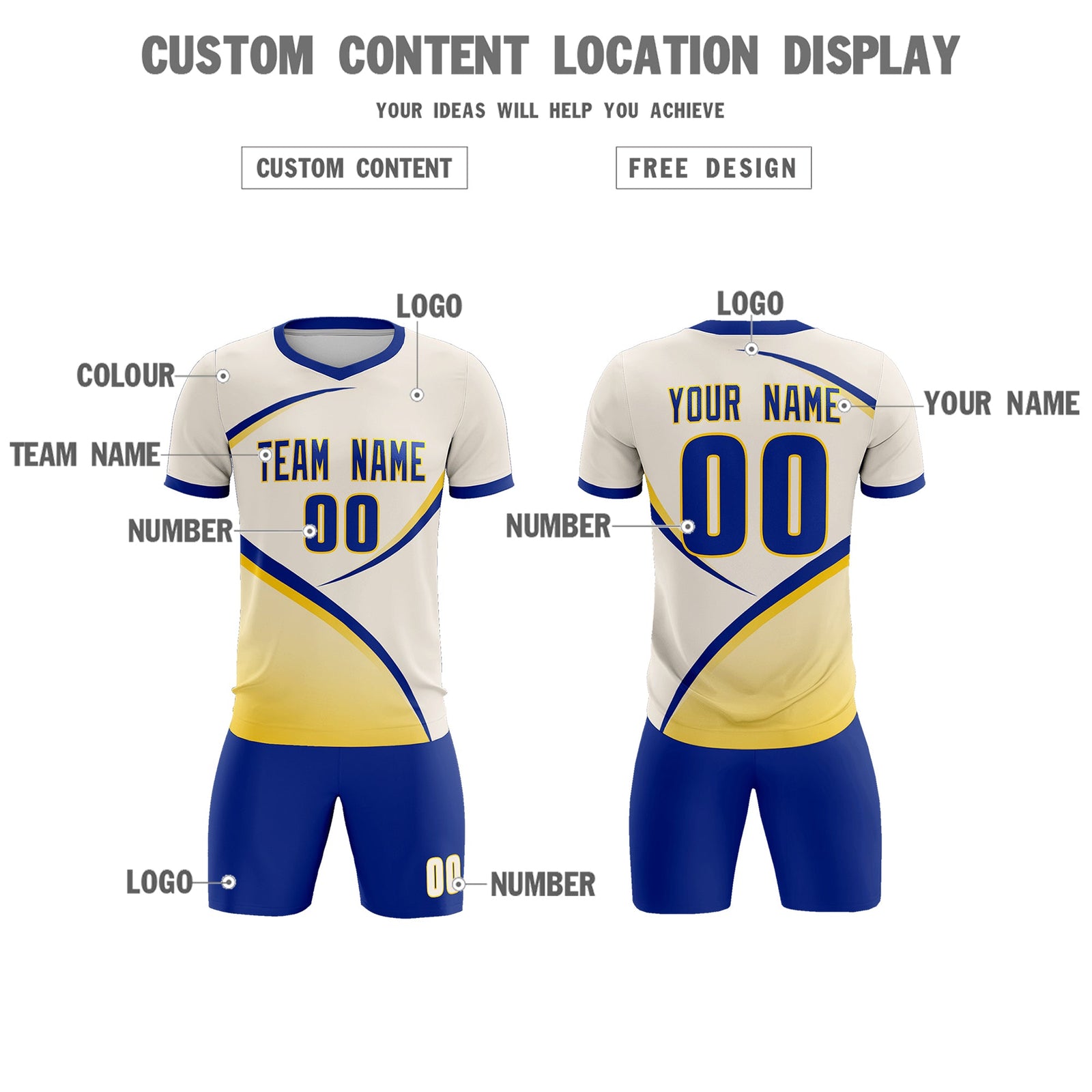 Custom Cream Royal Color Block Training Uniform For Men Soccer Sets Jersey