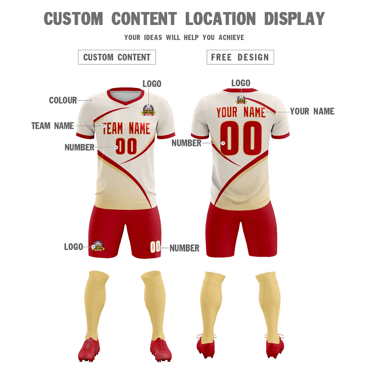 Custom Cream Red Color Block Training Uniform For Men Soccer Sets Jersey