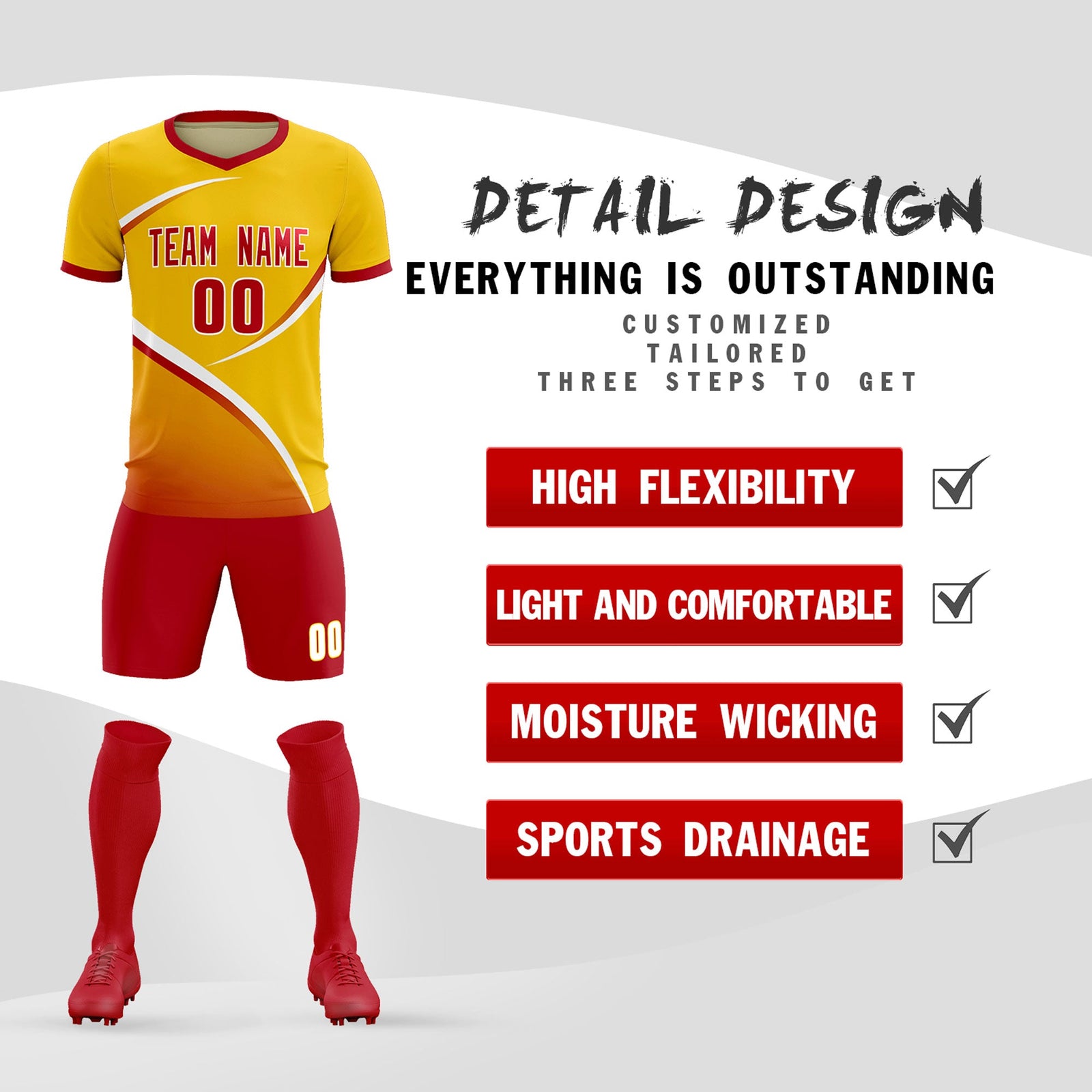 Custom Gold Red Color Block Training Uniform For Men Soccer Sets Jersey