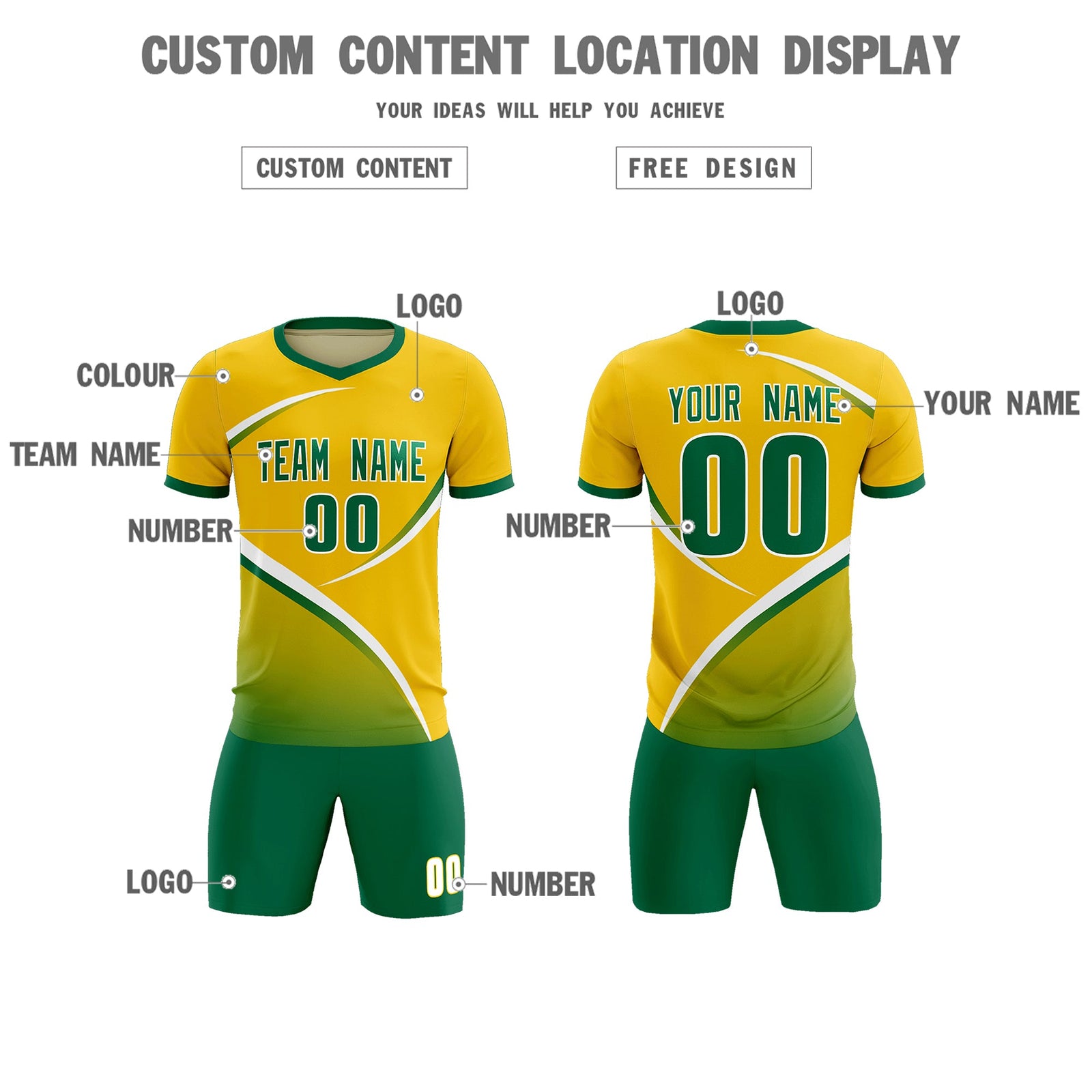 Custom Gold Kelly Green Color Block Training Uniform For Men Soccer Sets Jersey