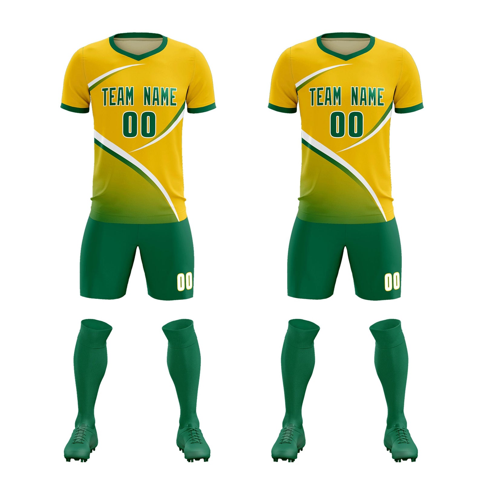 Custom Gold Kelly Green Color Block Training Uniform For Men Soccer Sets Jersey
