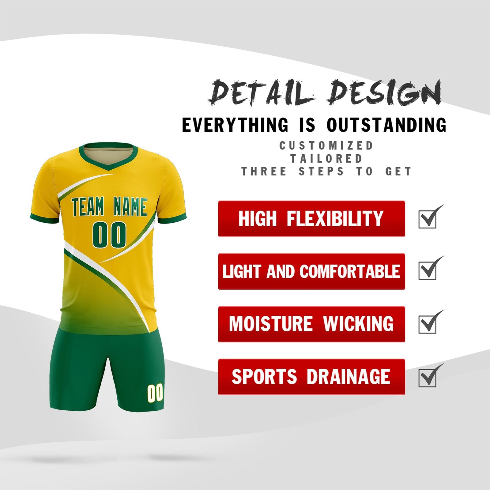 Custom Gold Kelly Green Color Block Training Uniform For Men Soccer Sets Jersey