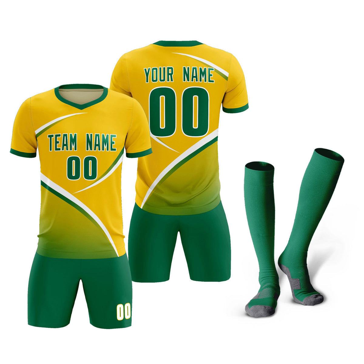Custom Gold Kelly Green Color Block Training Uniform For Men Soccer Sets Jersey