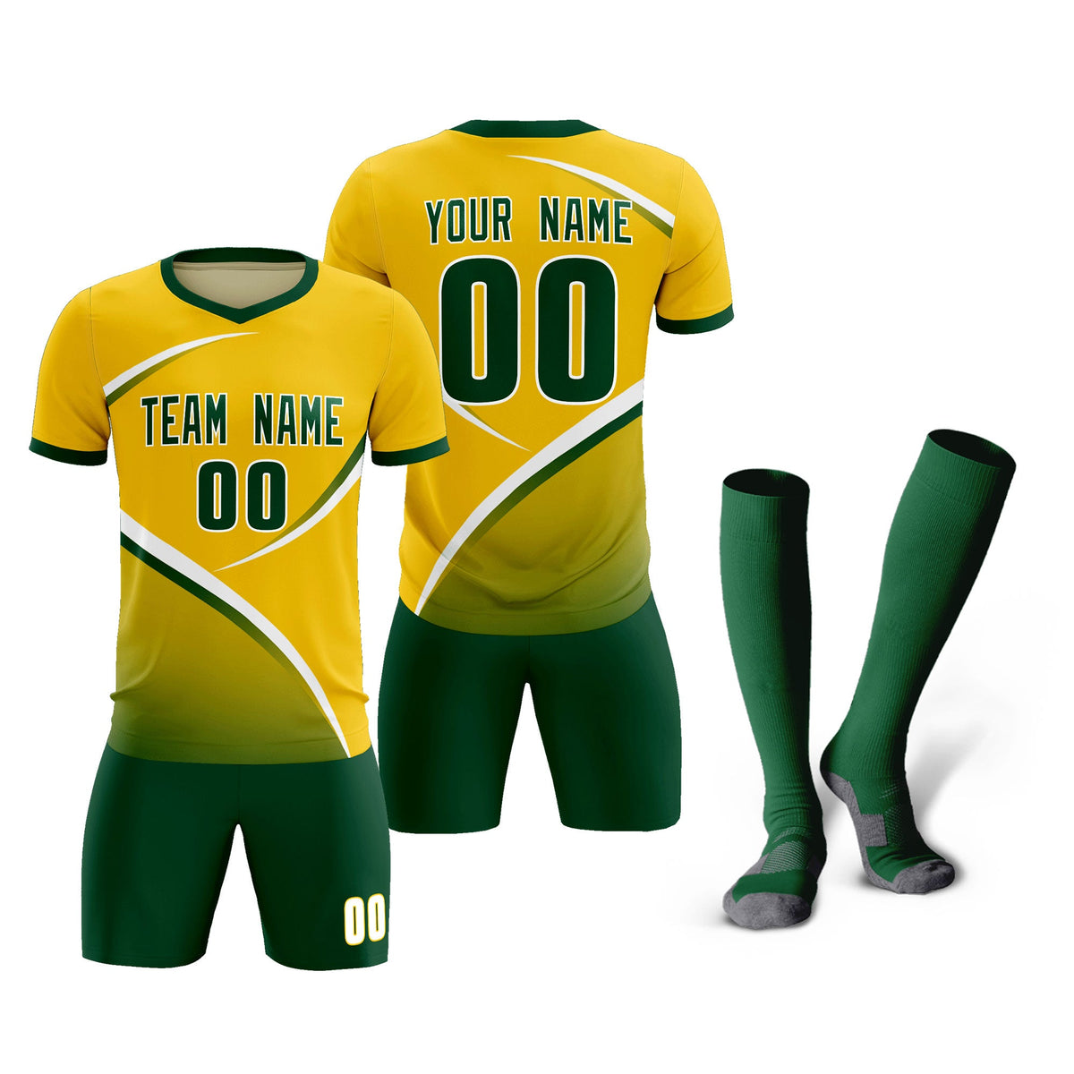Custom Gold Green Color Block Training Uniform For Men Soccer Sets Jersey