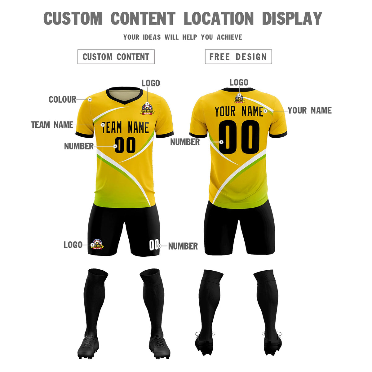 Custom Gold Black Color Block Training Uniform For Men Soccer Sets Jersey