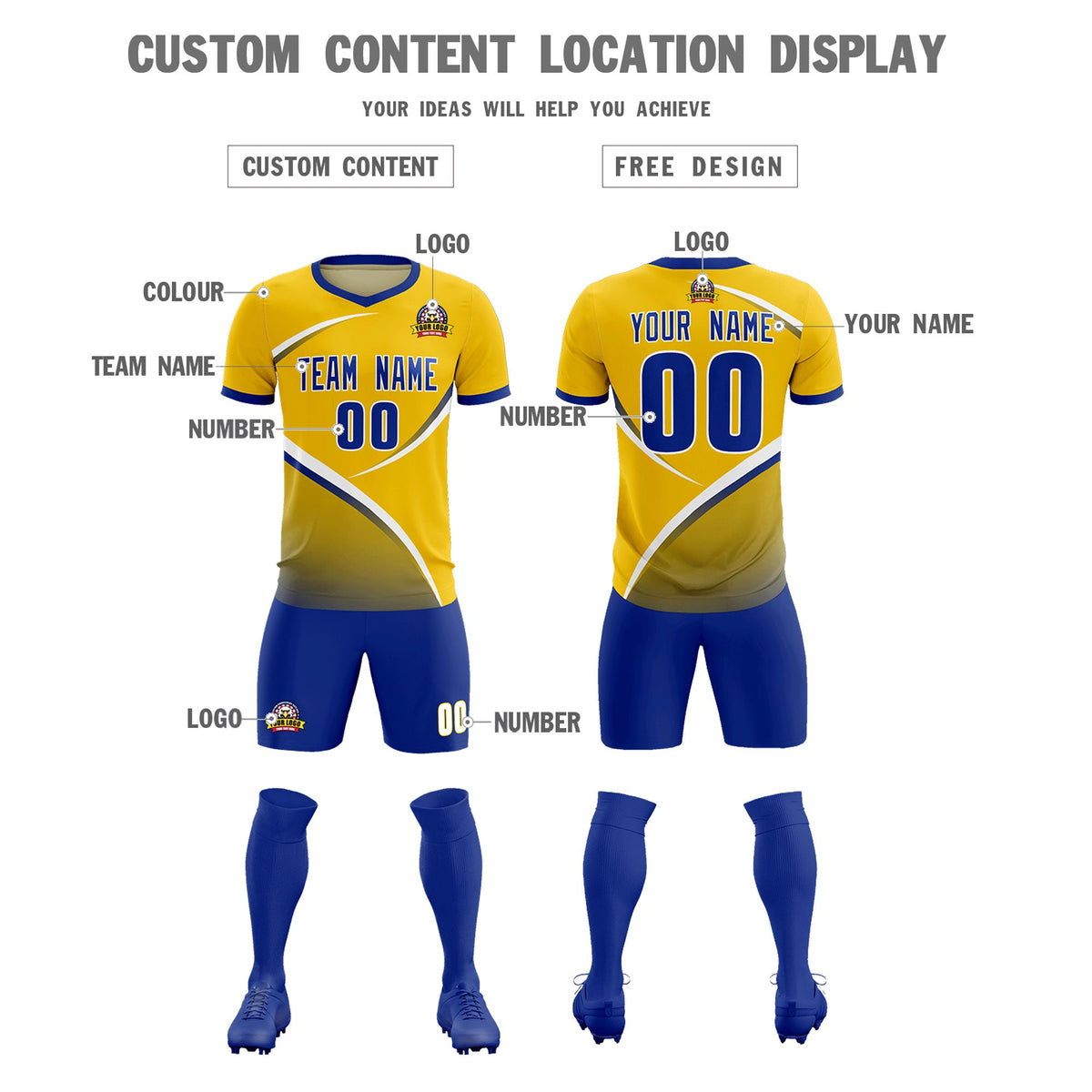 Custom Gold Royal Color Block Training Uniform For Men Soccer Sets Jersey