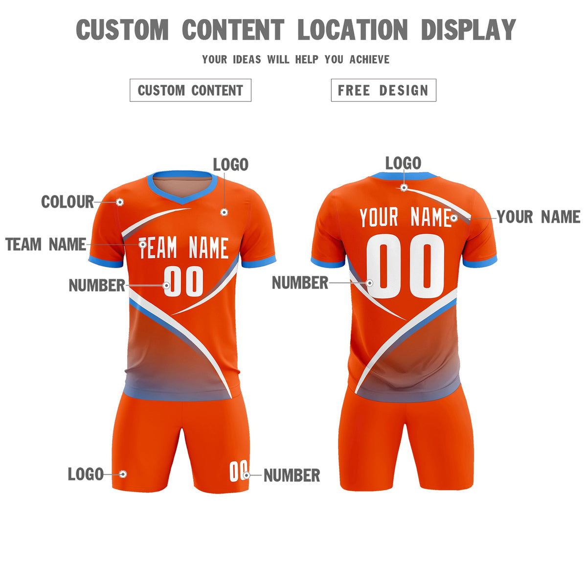 Custom Orange Powder Blue Color Block Training Uniform For Men Soccer Sets Jersey