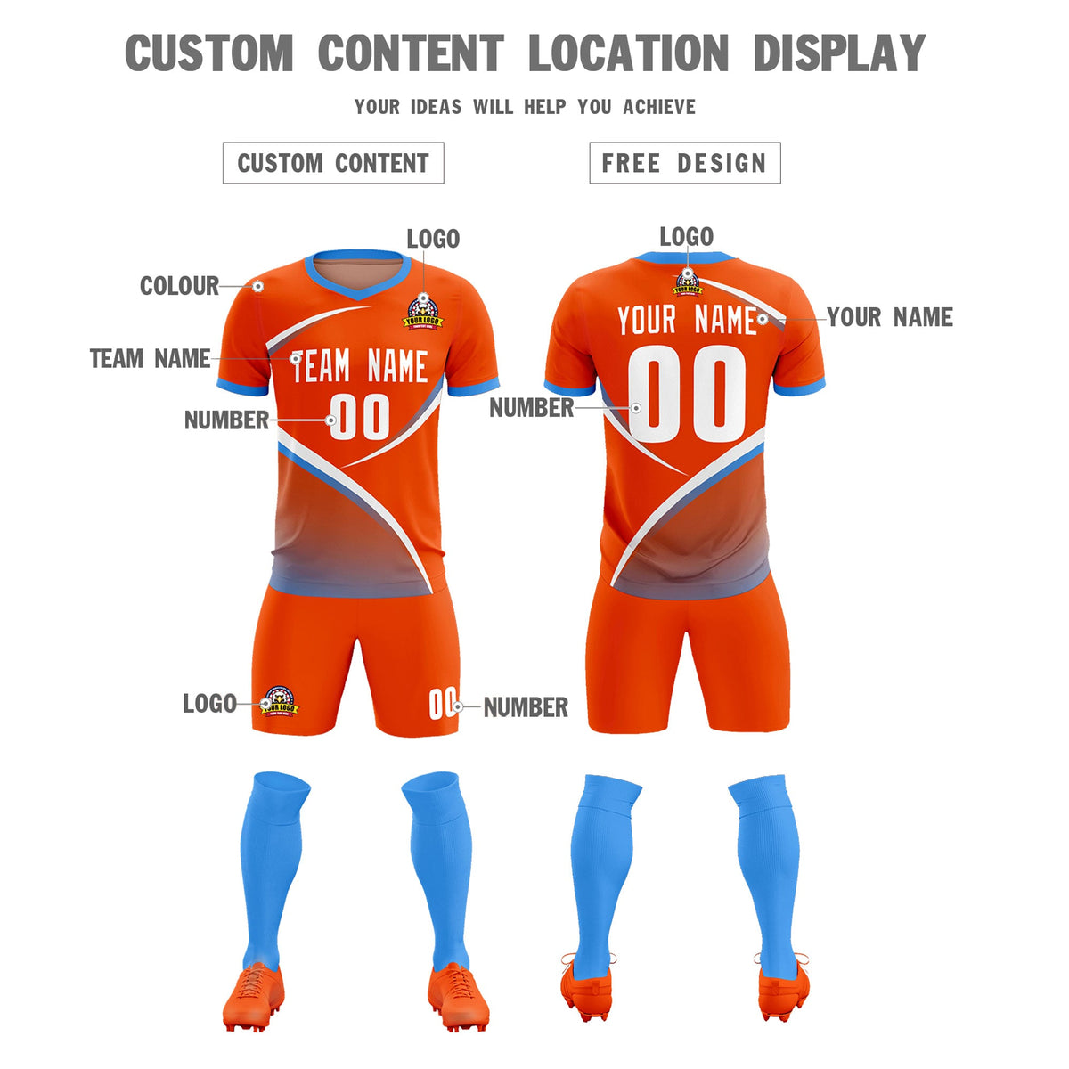 Custom Orange Powder Blue Color Block Training Uniform For Men Soccer Sets Jersey