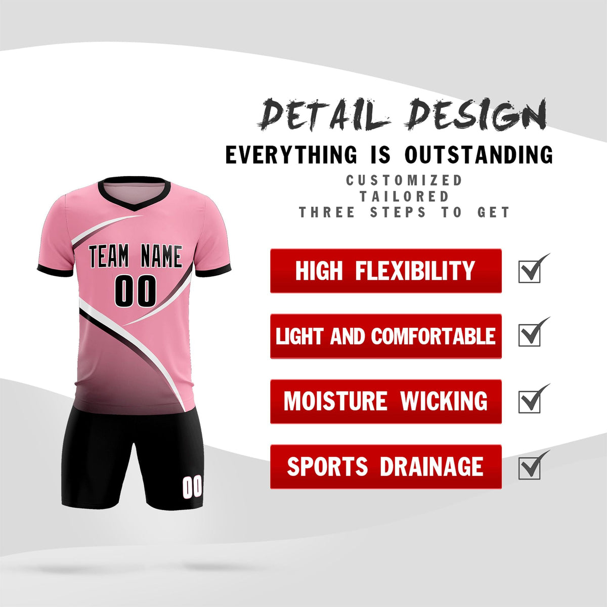 Custom Light Pink Black Color Block Training Uniform For Men Soccer Sets Jersey