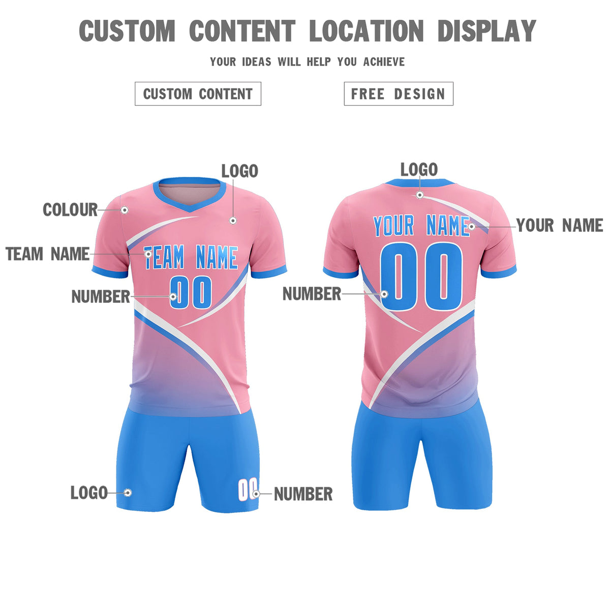 Custom Light Pink Powder Blue Color Block Training Uniform For Men Soccer Sets Jersey
