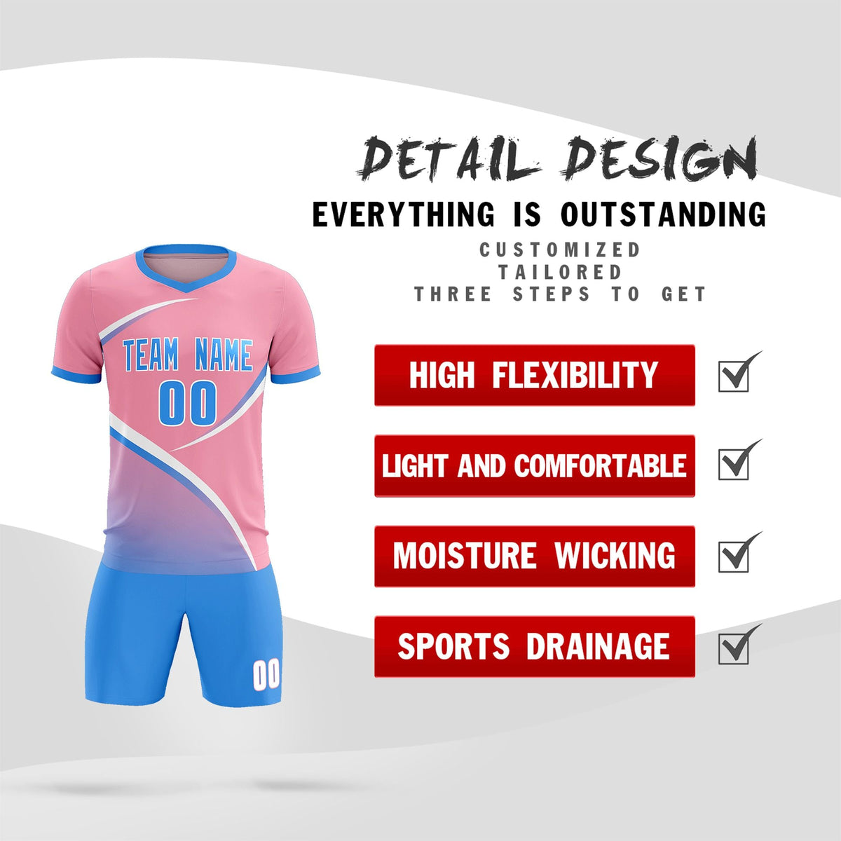 Custom Light Pink Powder Blue Color Block Training Uniform For Men Soccer Sets Jersey