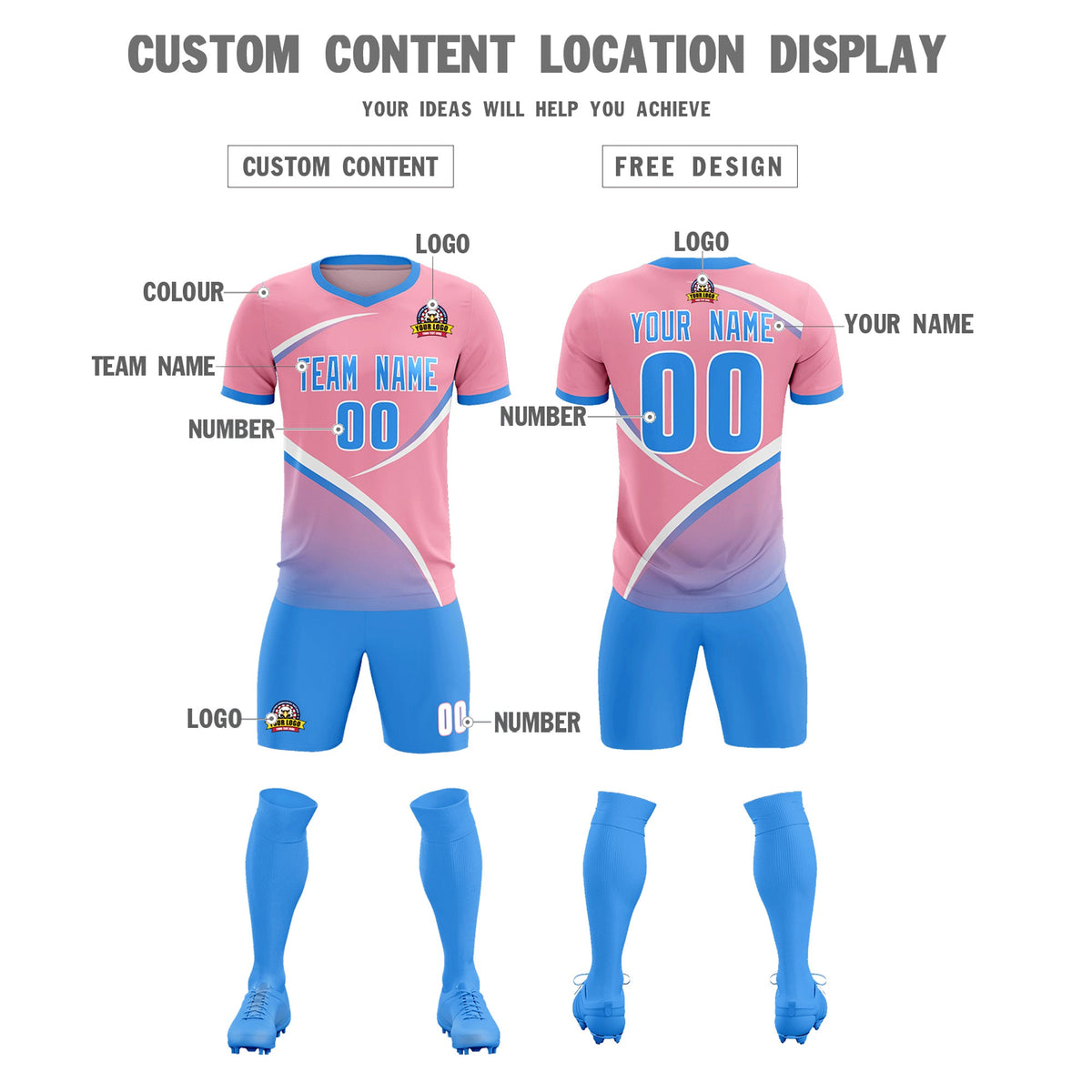 Custom Light Pink Powder Blue Color Block Training Uniform For Men Soccer Sets Jersey
