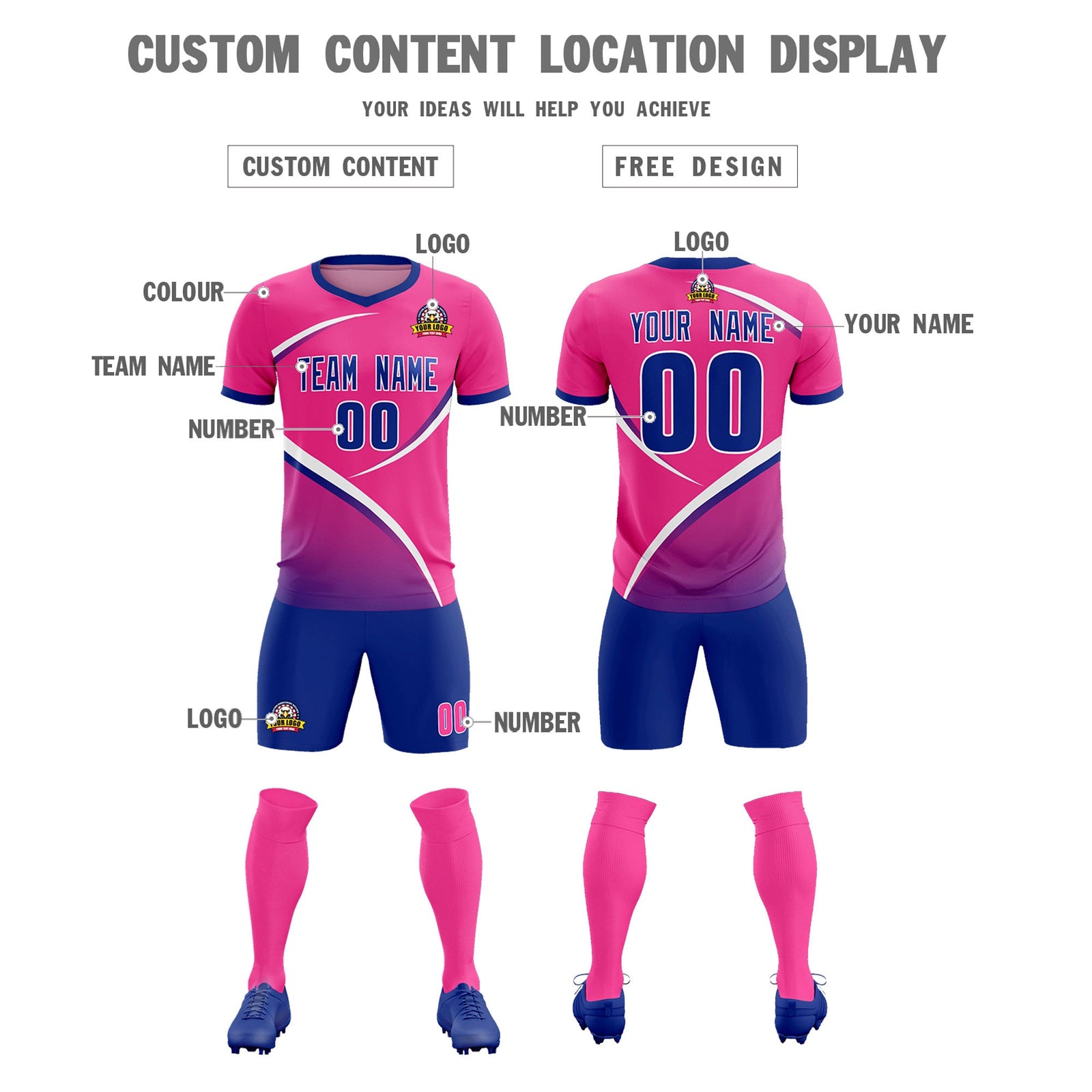 Custom Pink Royal Color Block Training Uniform For Men Soccer Sets Jersey