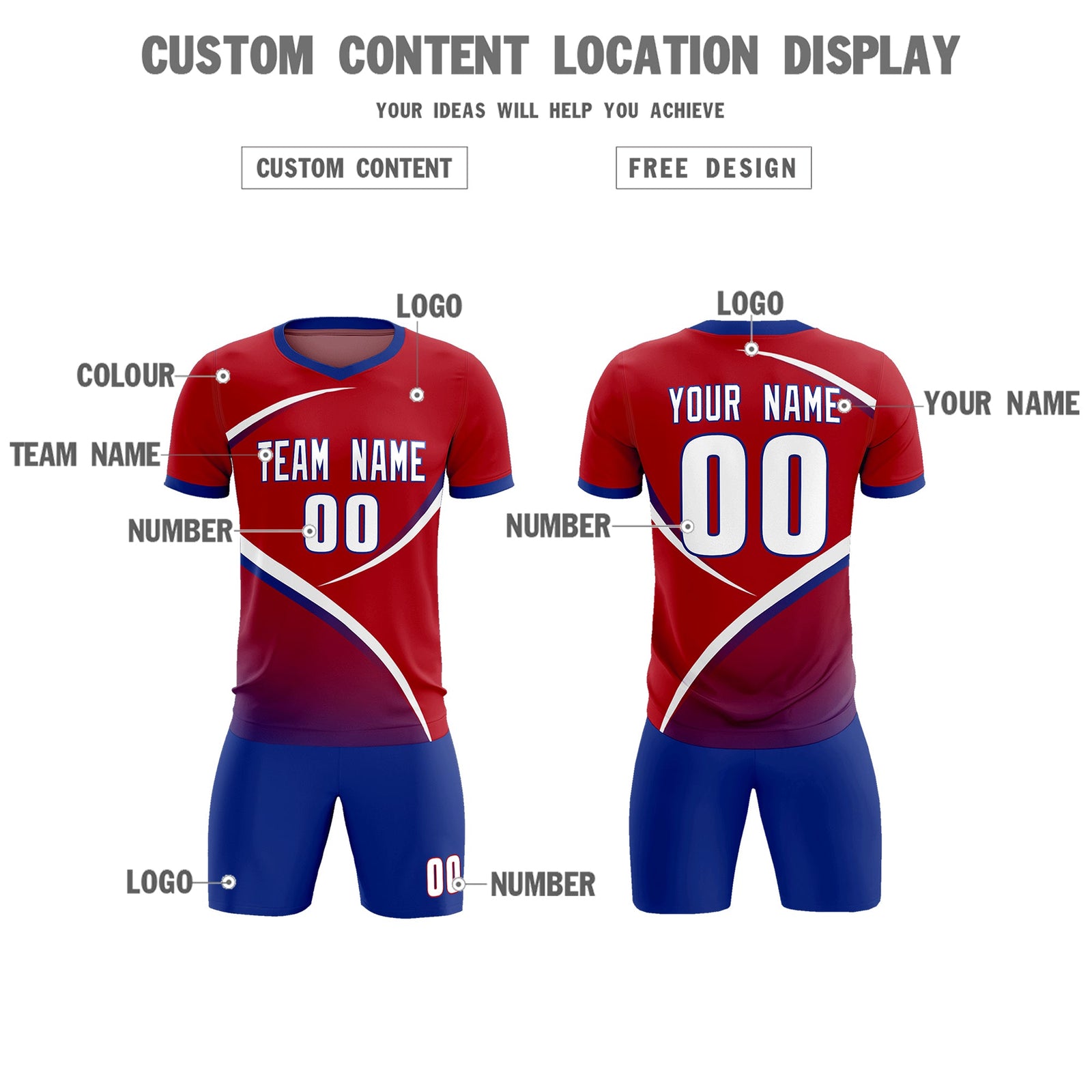 Custom Red Royal Color Block Training Uniform For Men Soccer Sets Jersey