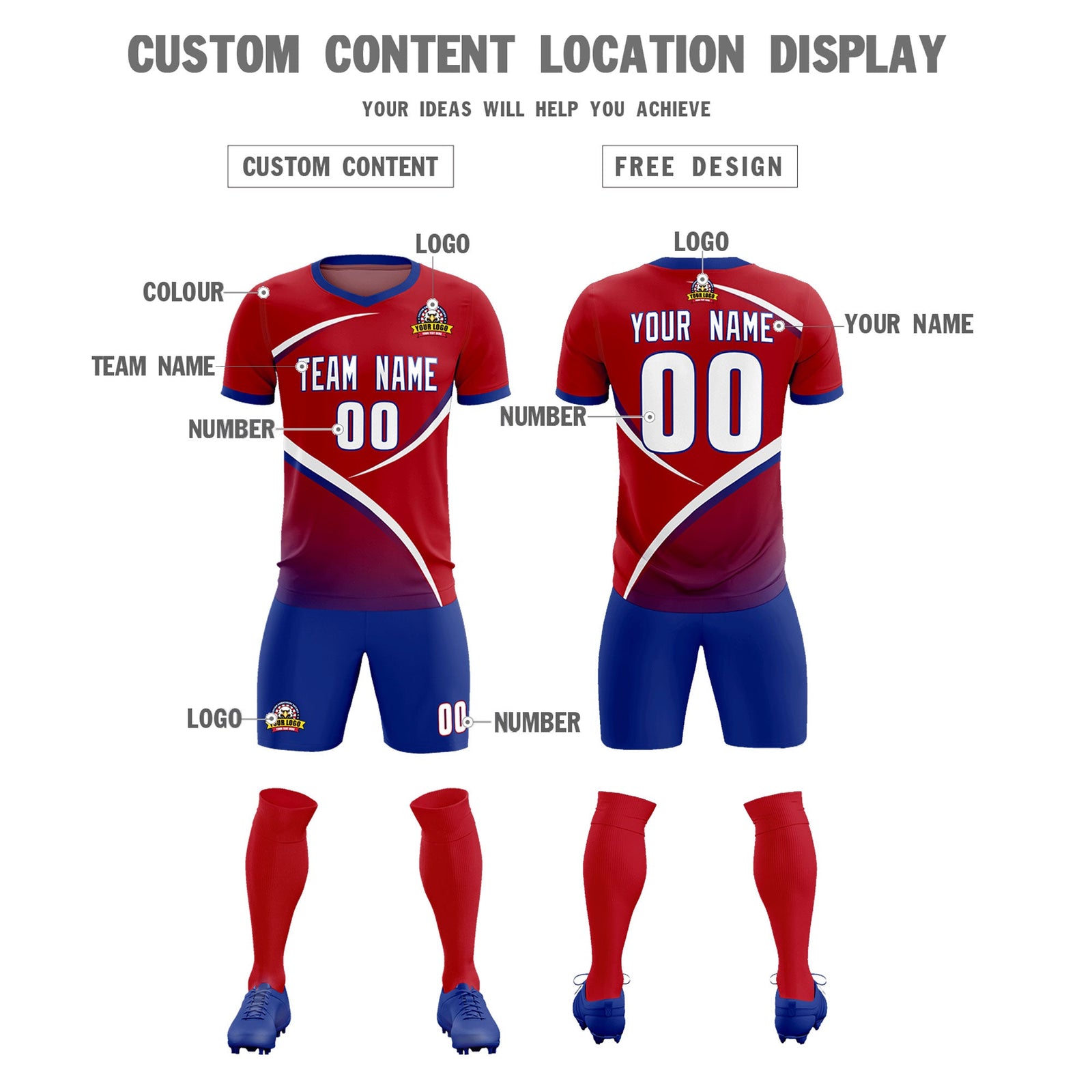 Custom Red Royal Color Block Training Uniform For Men Soccer Sets Jersey